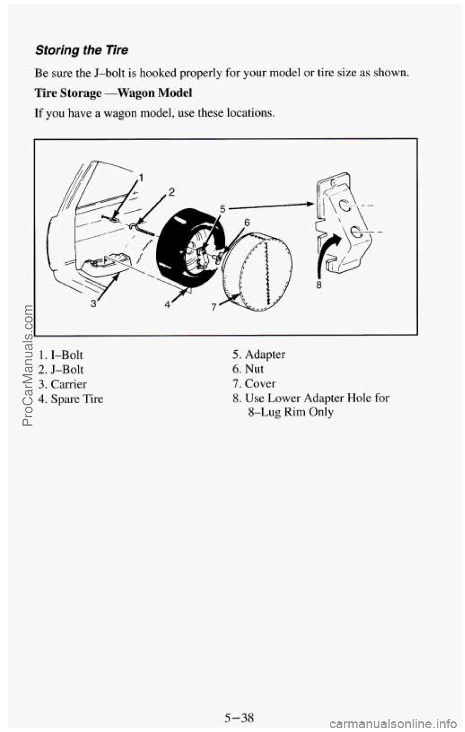 CHEVROLET SUBURBAN 1994 Owners Manual Storing the Tire
Be sure the J-bolt is hooked properly for your model or tire size as shown.
Tire Storage -Wagon Model
If you have a wagon model, use these locations.
1 , I-Bolt
2. J-Bolt
CHEVROLET SUBURBAN 1994 Owners Manual Storing the Tire
Be sure the J-bolt is hooked properly for your model or tire size as shown.
Tire Storage -Wagon Model
If you have a wagon model, use these locations.
1 , I-Bolt
2. J-Bolt