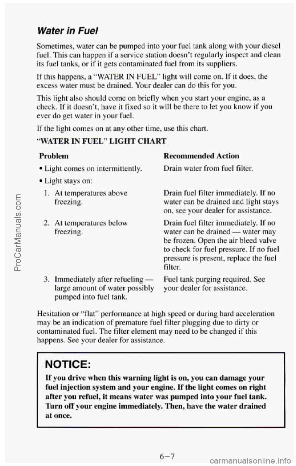 CHEVROLET SUBURBAN 1994 Owners Manual Water in Fuel
Sometimes, water can be pumped into your fuel tank along with your diesel
fuel. This can happen if a service station doesn’t regularly inspect and clean
its fuel tanks, or if CHEVROLET SUBURBAN 1994 Owners Manual Water in Fuel
Sometimes, water can be pumped into your fuel tank along with your diesel
fuel. This can happen if a service station doesn’t regularly inspect and clean
its fuel tanks, or if