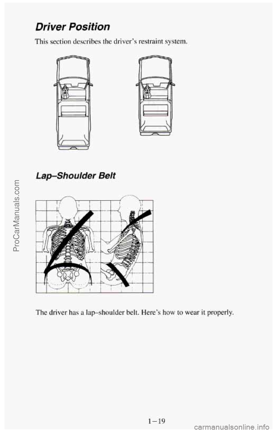 CHEVROLET SUBURBAN 1994 Owners Manual Driver Position
This section describes the driver’s restraint system.
Lap-Shoulder Belt
The driver has a lap-shoulder belt. Here’s how to wear it properly.
1-19
ProCarManuals.com CHEVROLET SUBURBAN 1994 Owners Manual Driver Position
This section describes the driver’s restraint system.
Lap-Shoulder Belt
The driver has a lap-shoulder belt. Here’s how to wear it properly.
1-19
ProCarManuals.com