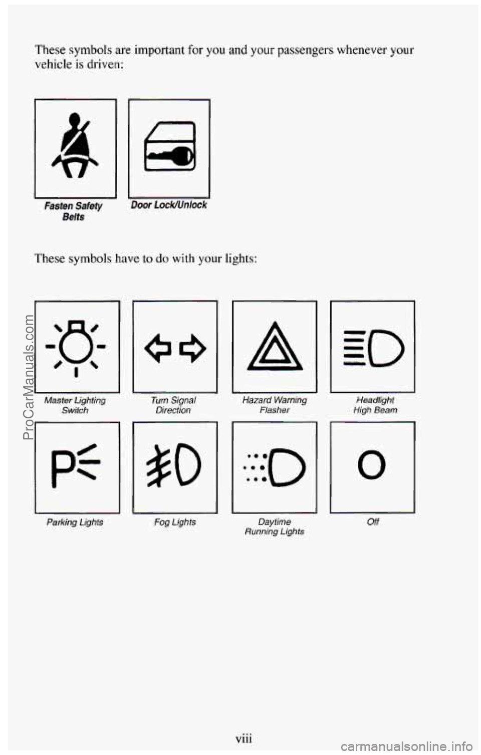 CHEVROLET SUBURBAN 1994 Owners Manual These symbols are important for you and your passengers whenever your
vehicle is driven:
IC I
Fasten Safety Door 1 ock/Unlock
Belts
These symbols have to do with your lights:
Master Lighting
S CHEVROLET SUBURBAN 1994 Owners Manual These symbols are important for you and your passengers whenever your
vehicle is driven:
IC I
Fasten Safety Door 1 ock/Unlock
Belts
These symbols have to do with your lights:
Master Lighting
S