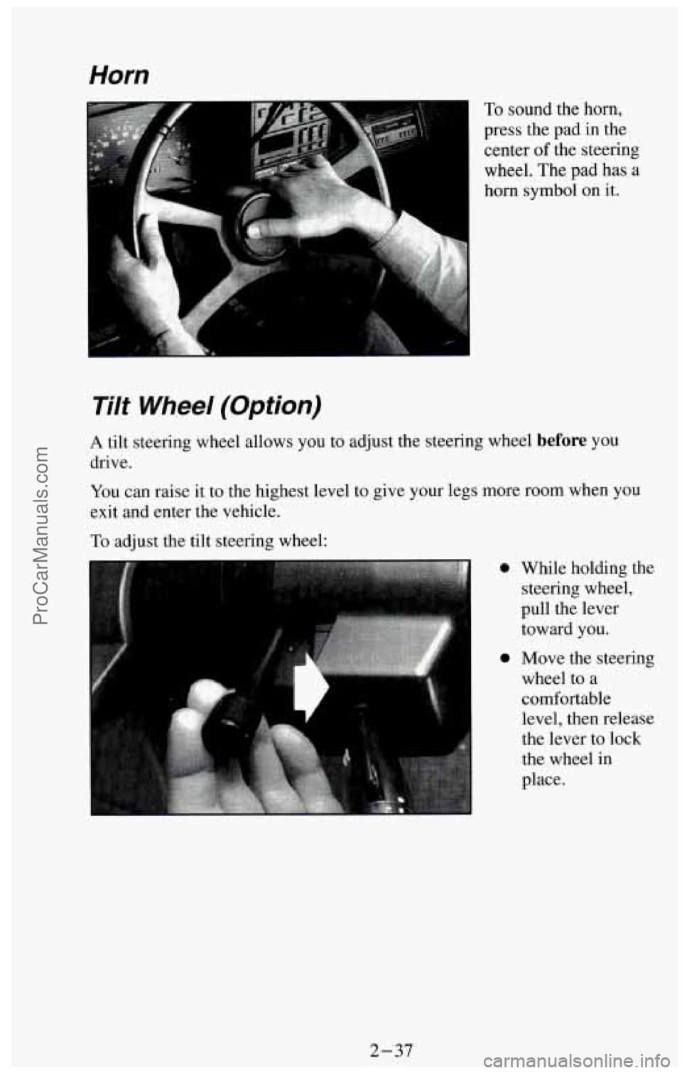 CHEVROLET SUBURBAN 1994  Owners Manual Horn 
To sound  the  horn, 
press  the pad  in the 
center  of the  steering 
wheel.  The pad has a 
Tilt  Wheel (Option) 
A tilt steering  wheel allows  you  to adjust the steering  wheel before you 