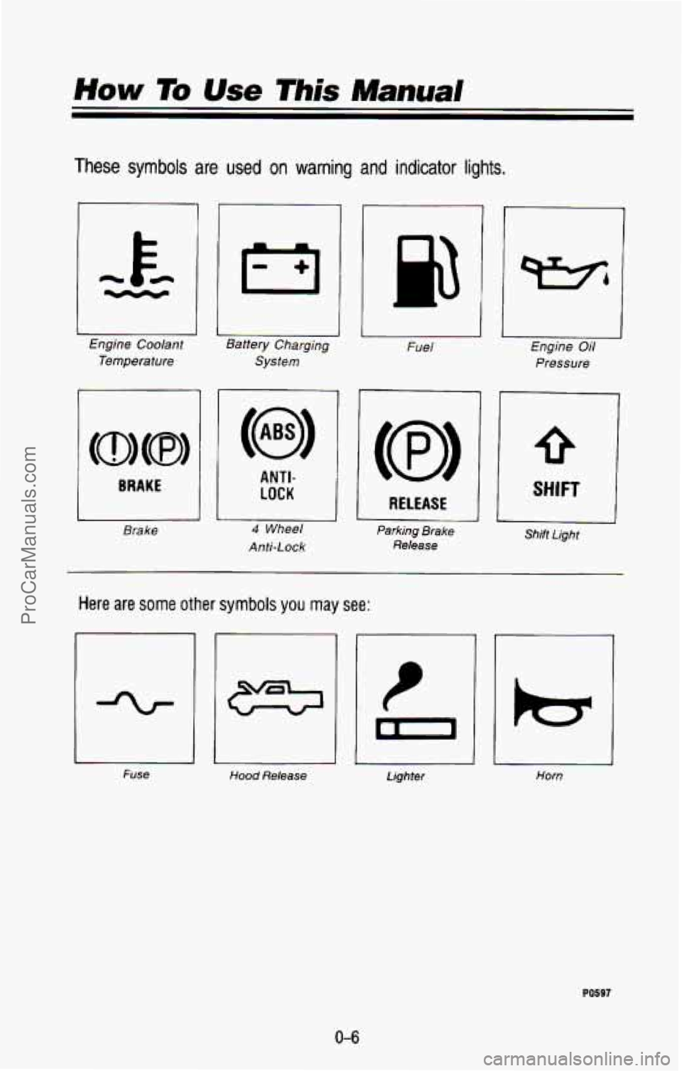 CHEVROLET SUBURBAN 1993  Owners Manual These symbols are used on  warning and indicator lights. 
Engine  Coolant Temperature 
BRAKE 
Brake 
I-, 
Battery  Charging 
System Fuel 
ANTI- 
LOCK 1 
1 4 Wheel 
Anti-Lock 
RELEASE 
Parking  Brake 
