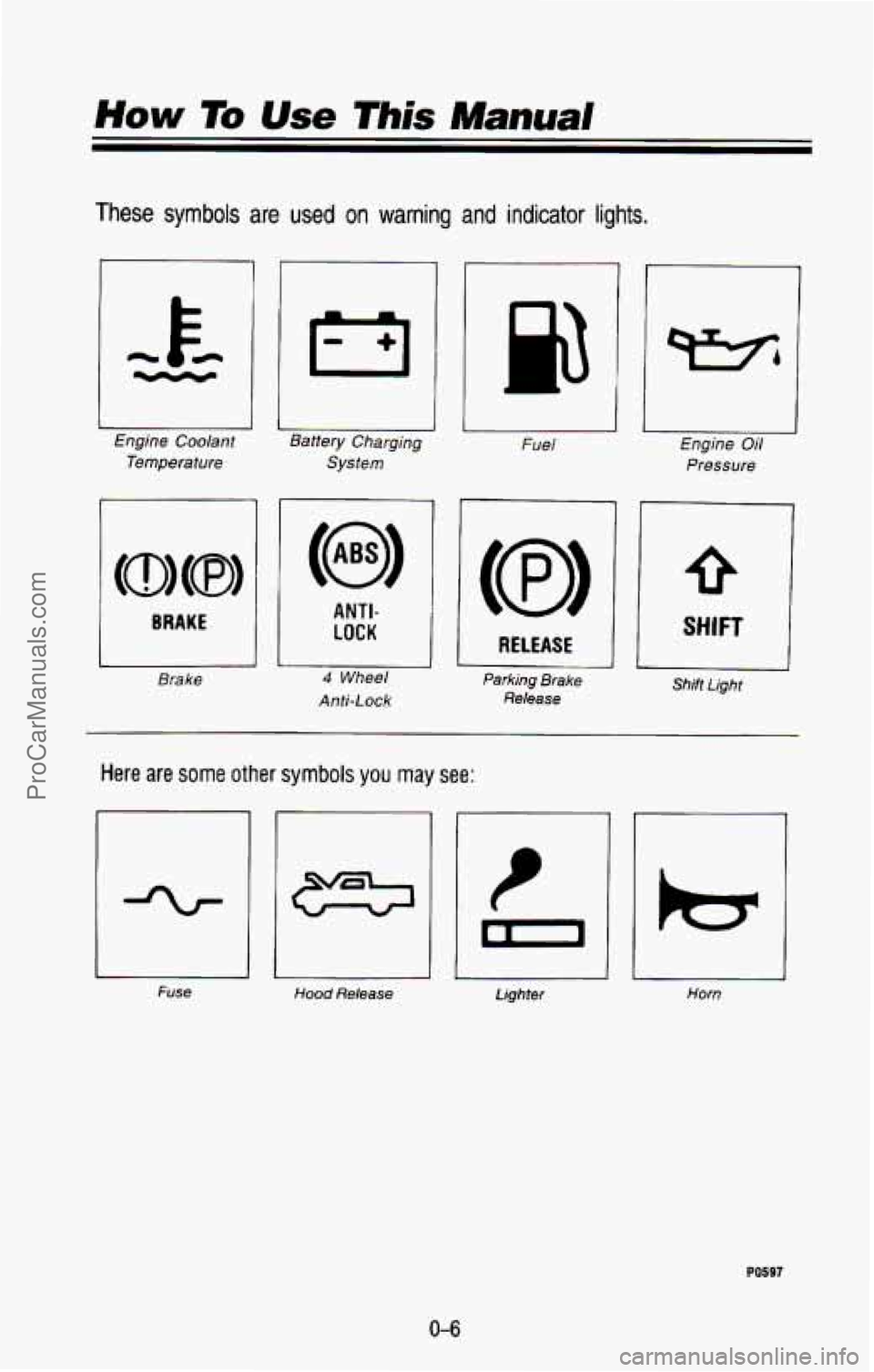 CHEVROLET SUBURBAN 1993 User Guide These symbols are used on warning and indicator lights.
Engine Coolant Temperature
BRAKE
Brake
I-,
Battery Charging
System Fuel
ANTI-
LOCK 1
1 4 Wheel
Anti-Lock
RELEASE
Parking Brake
CHEVROLET SUBURBAN 1993 User Guide These symbols are used on warning and indicator lights.
Engine Coolant Temperature
BRAKE
Brake
I-,
Battery Charging
System Fuel
ANTI-
LOCK 1
1 4 Wheel
Anti-Lock
RELEASE
Parking Brake