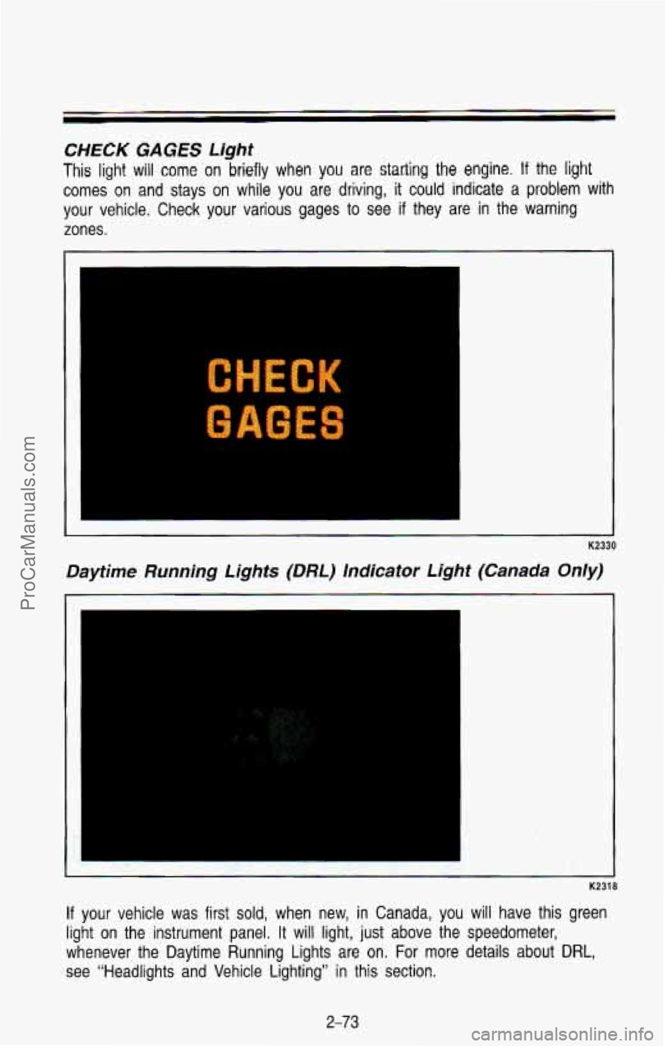 CHEVROLET SUBURBAN 1993  Owners Manual CHECK GAGES Light 
This light will come on  briefly when you are statling the engine. If the light 
comes  on  and  stays on while  you  are  driving, it could  indicate  a  problem with 
your  vehicl