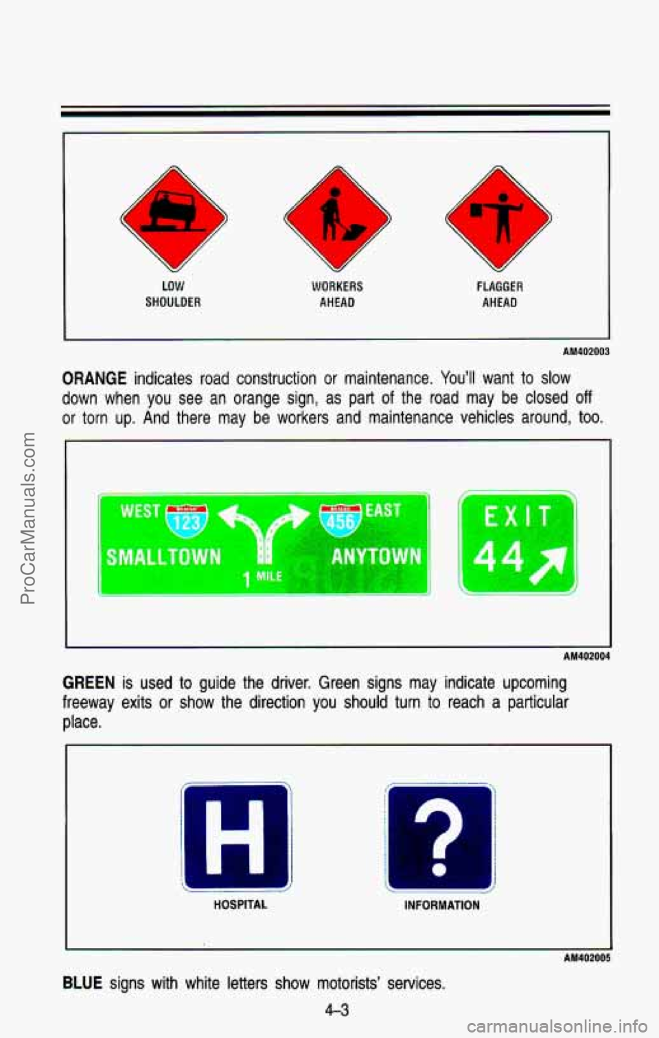 CHEVROLET SUBURBAN 1993 Owners Manual LO w
SHOULDER WORKERS
AHEAD
e D
u
FLAGGER AHEAD
AM402003
ORANGE indicates road construction or maintenance. You’ll want to slow
down when you see an orange sign, as part
of the CHEVROLET SUBURBAN 1993 Owners Manual LO w
SHOULDER WORKERS
AHEAD
e D
u
FLAGGER AHEAD
AM402003
ORANGE indicates road construction or maintenance. You’ll want to slow
down when you see an orange sign, as part
of the
