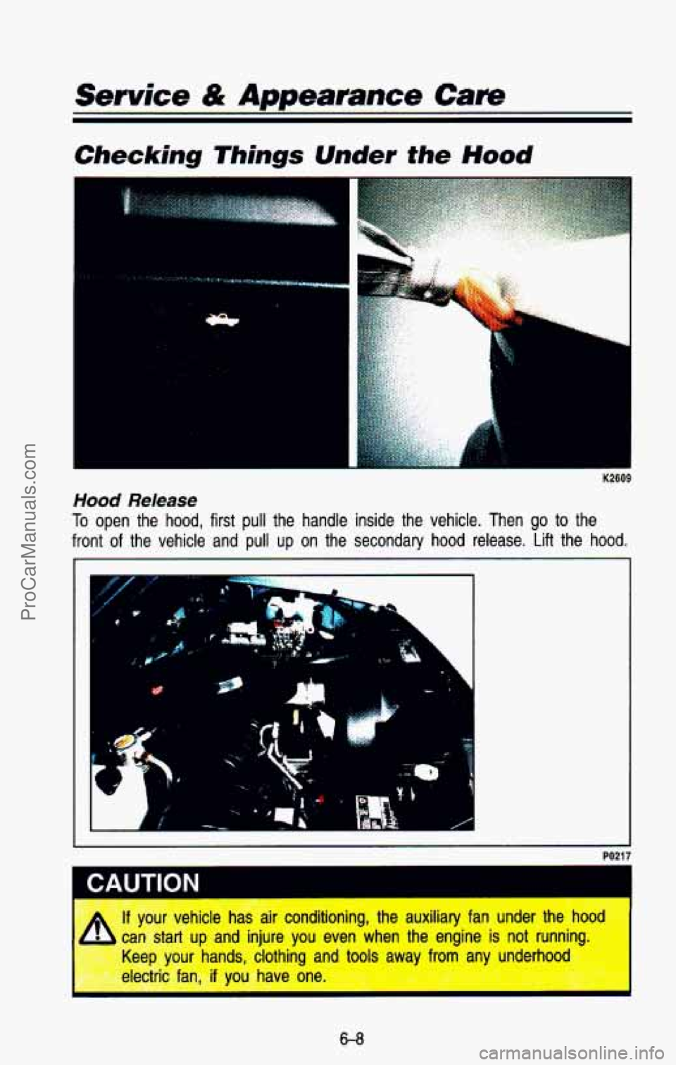 CHEVROLET SUBURBAN 1993  Owners Manual Service & Appearance Care 
Checking Things Under the Hood 
a& 
.. .. . 
~ 
Hood Release 
To open  the  hood,  first pull the  handle  inside  the  vehicle.  Then  go to the 
front  of the  vehicle  an