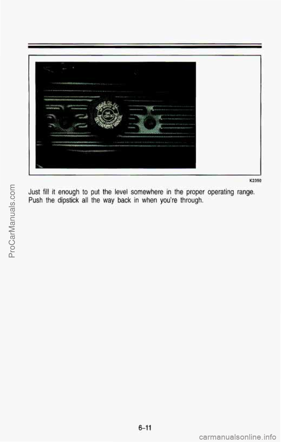 CHEVROLET SUBURBAN 1993  Owners Manual K2390 
Just fill it enough to put  the  level  somewhere in the  proper  operating  range. 
Push the  dipstick  all  the way  back  in  when you’re through. 
6-1 1 
ProCarManuals.com 