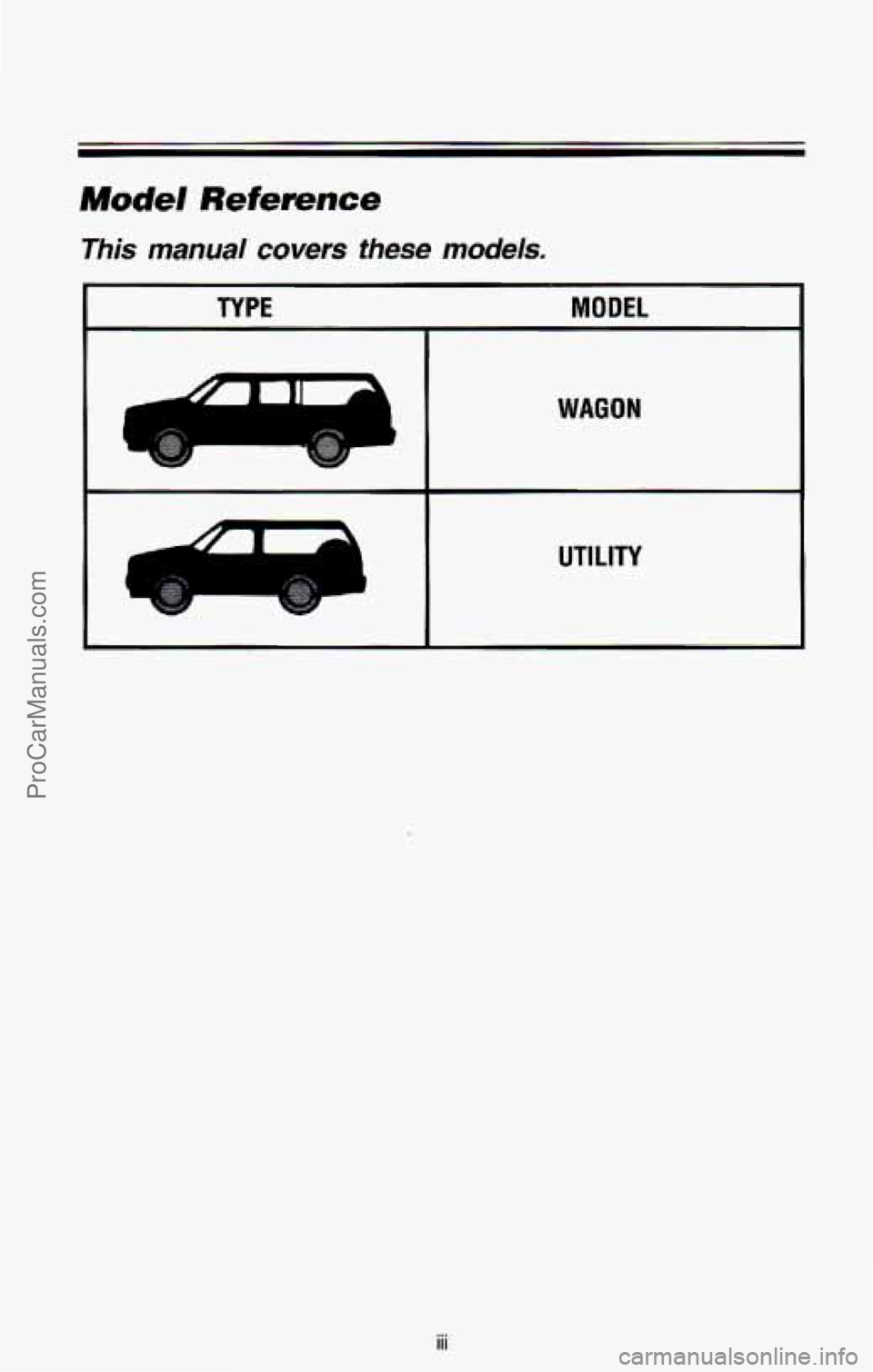 CHEVROLET SUBURBAN 1993  Owners Manual Mudel Reference 
This manual covers these models. 
TYPE MODEL 
WAGON 
UTILITY 
iii 
ProCarManuals.com 