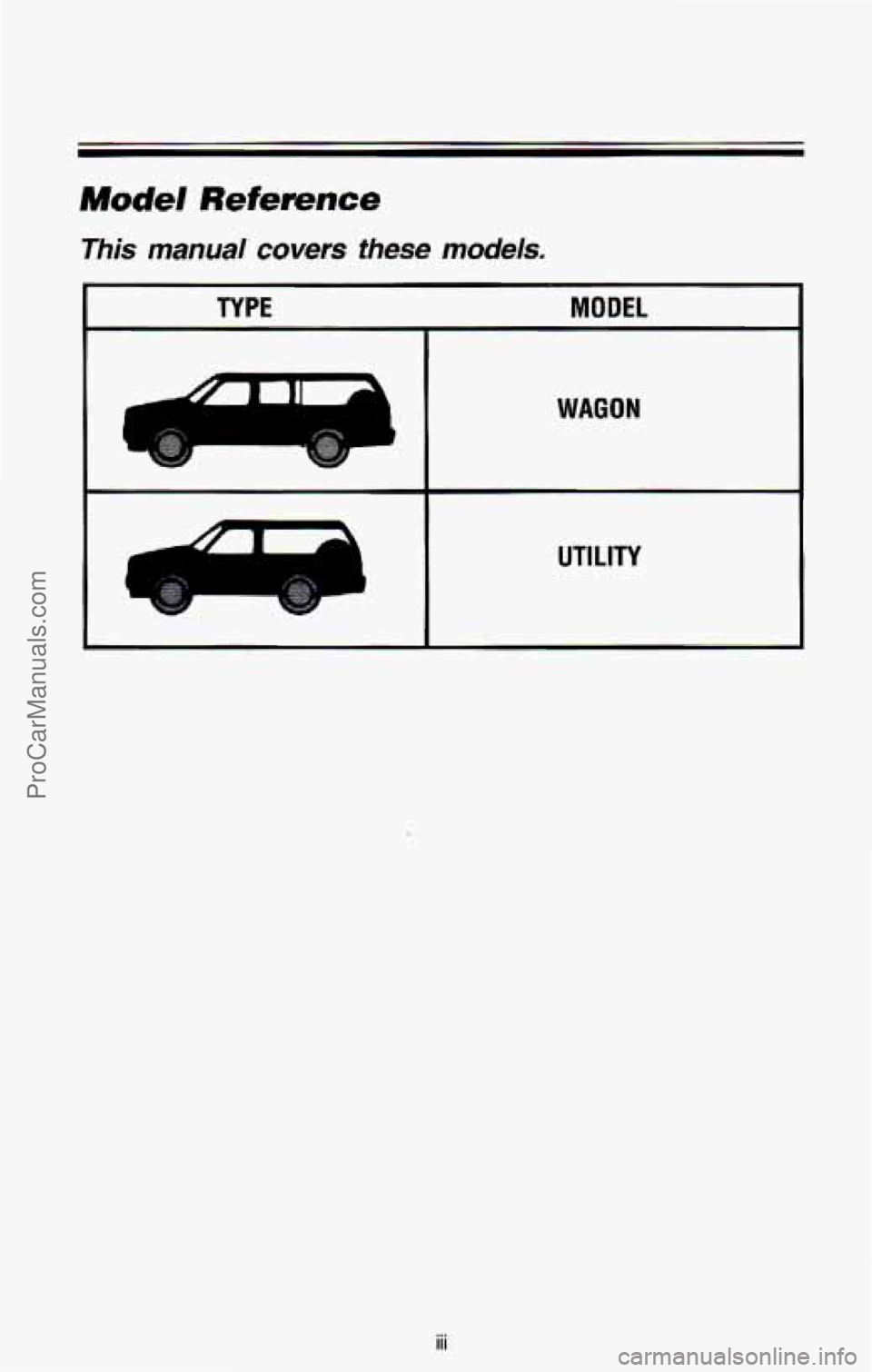 CHEVROLET SUBURBAN 1993 Owners Manual Mudel Reference
This manual covers these models.
TYPE MODEL
WAGON
UTILITY
iii
ProCarManuals.com CHEVROLET SUBURBAN 1993 Owners Manual Mudel Reference
This manual covers these models.
TYPE MODEL
WAGON
UTILITY
iii
ProCarManuals.com