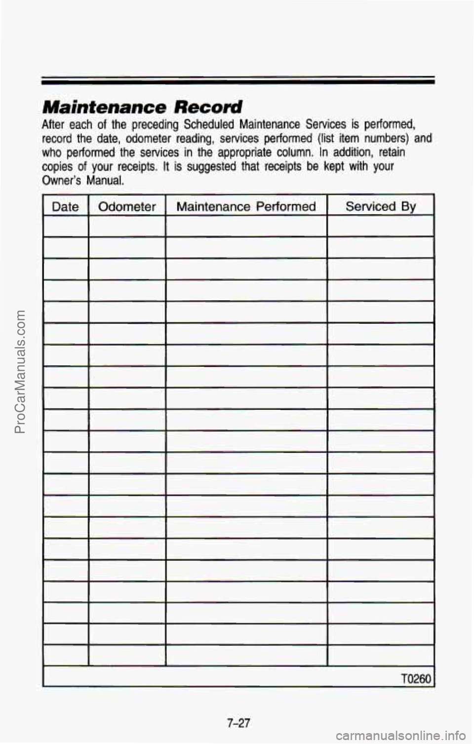 CHEVROLET SUBURBAN 1993  Owners Manual Maintenance Record 
After  each of the  preceding  Scheduled  Maintenance  Services  is  performed, 
record  the  date,  odometer  reading,  services  performed  (list  ite\
m  numbers)  and 
who  per