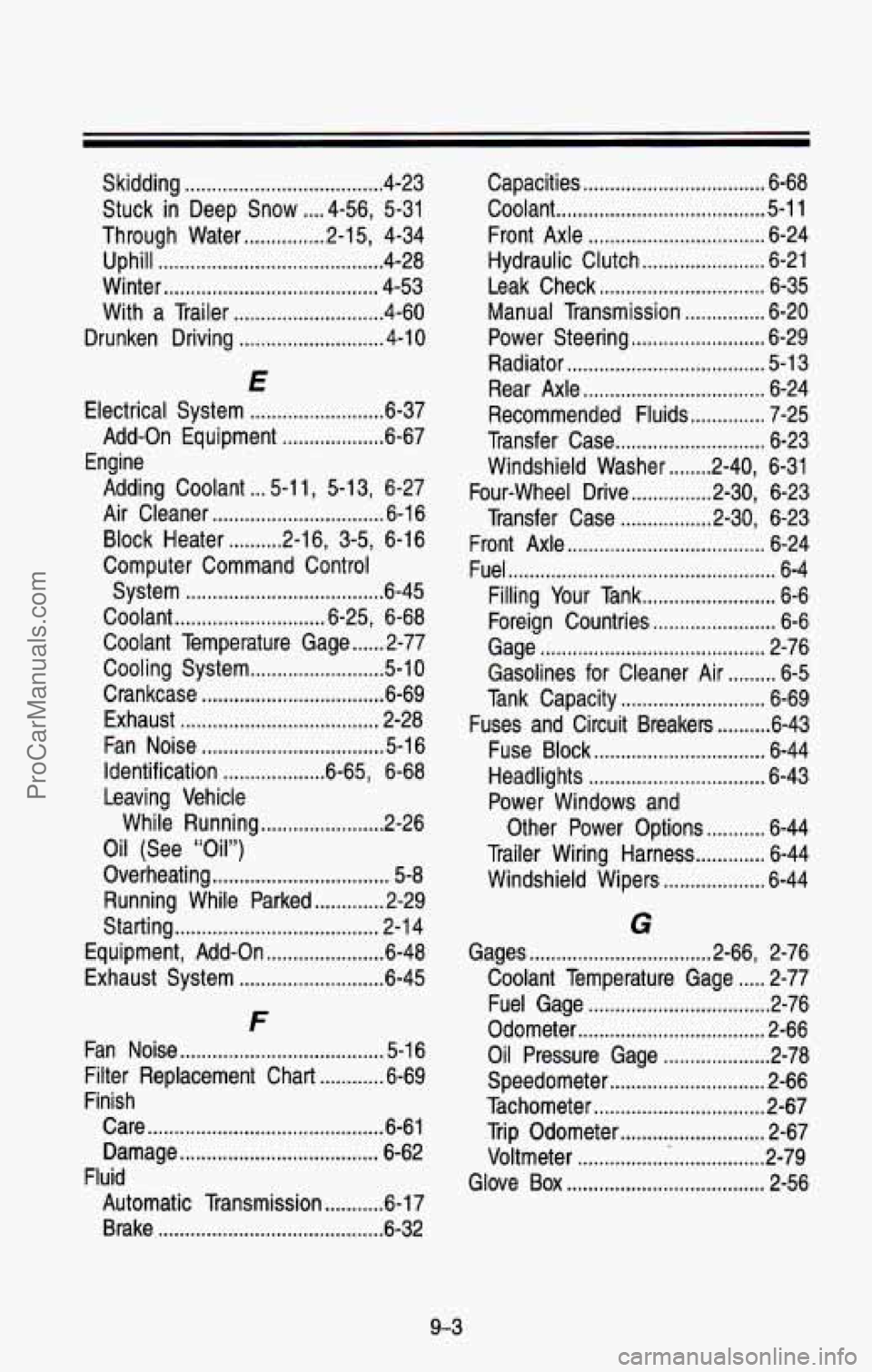 CHEVROLET SUBURBAN 1993  Owners Manual Skidding ..................................... 4-23 
Stuck 
in Deep  Snow .... 4-56,  5-31 
Through  Water 
............... 2-1 5, 4-34 
Uphill 
.......................................... 4-28 
Winter