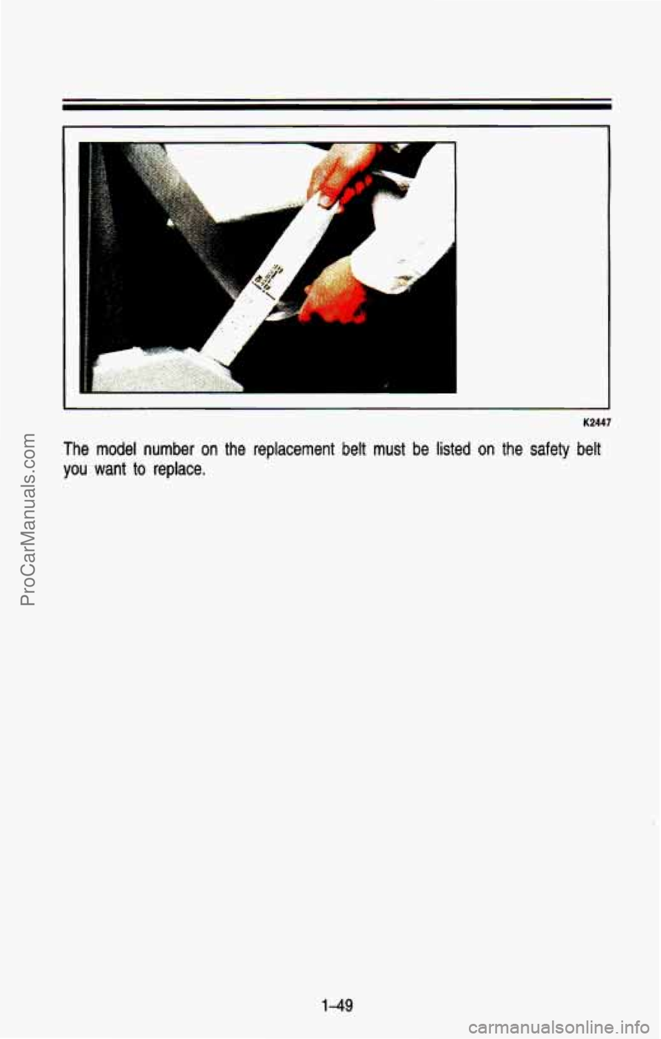 CHEVROLET SUBURBAN 1993 Repair Manual A
A
b
1 I
K2447
The model number on the replacement belt must be listed on th\
e safety belt
you want
to replace.
1-49
ProCarManuals.com CHEVROLET SUBURBAN 1993 Repair Manual A
A
b
1 I
K2447
The model number on the replacement belt must be listed on th\
e safety belt
you want
to replace.
1-49
ProCarManuals.com