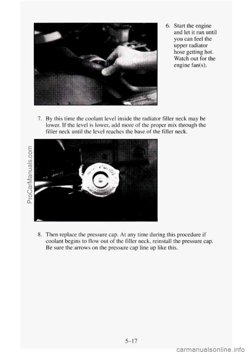CHEVROLET SUBURBAN 1995  Owners Manual I 
6. Start the engine 
and let it  run until 
you  can feel  the 
upper  radiator 
hose  getting  hot. 
Watch 
out for  the 
engine  fan(s). 
7. By  this  time the  coolant level inside  the radiator