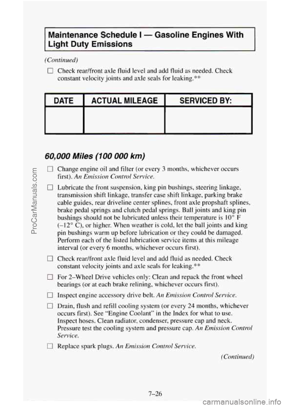 CHEVROLET SUBURBAN 1995  Owners Manual Maintenance  Schedule I - Gasoline  Engines  With 
Light  Duty  Emissions 
(Continued) 
0 Check  readfront  axle  fluid level and add fluid  as needed. Check 
constant velocity  joints and axle  seals