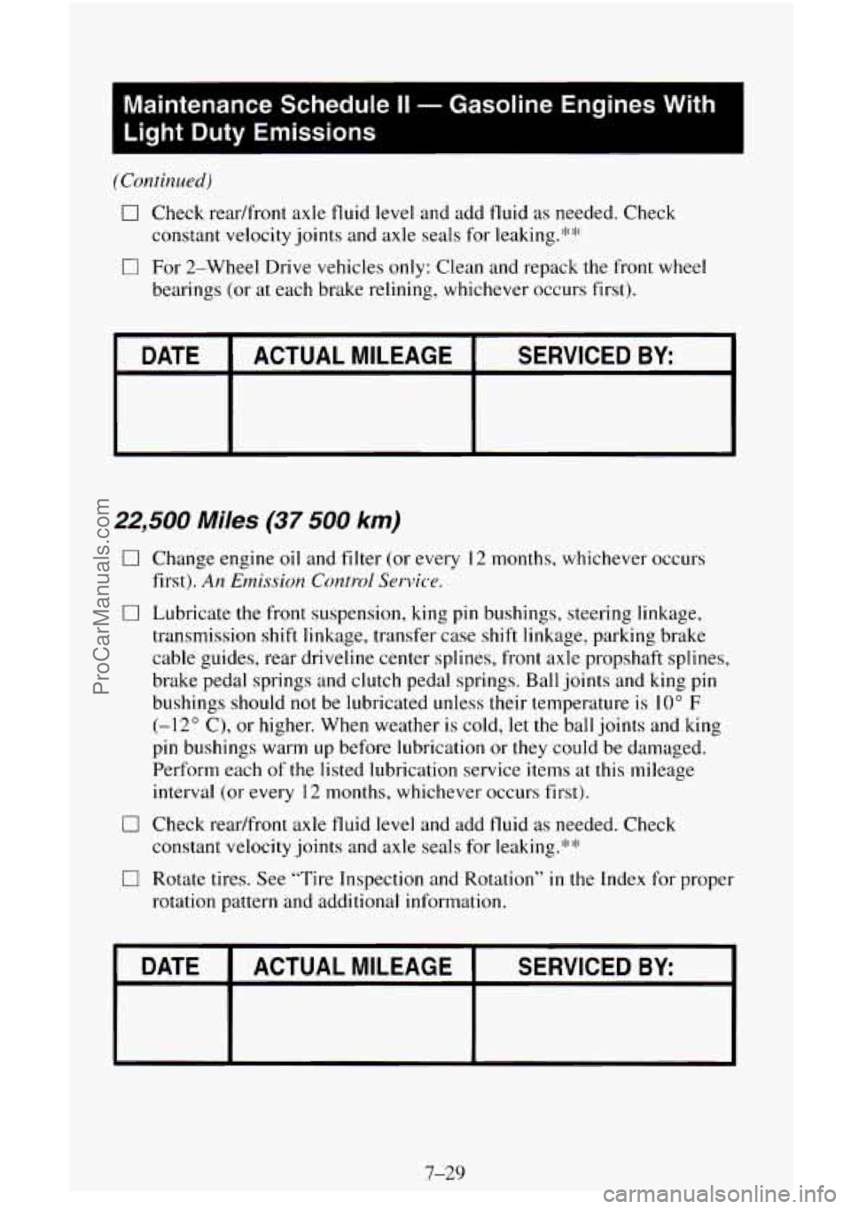 CHEVROLET SUBURBAN 1995 Owners Manual Maintenance Schedule II - Gasoline Engines With
Light
Duty Emissions
(Continued)
0 Check readfront axle fluid level and add fluid as needed. Check
constant velocity joints and axle seals CHEVROLET SUBURBAN 1995 Owners Manual Maintenance Schedule II - Gasoline Engines With
Light
Duty Emissions
(Continued)
0 Check readfront axle fluid level and add fluid as needed. Check
constant velocity joints and axle seals