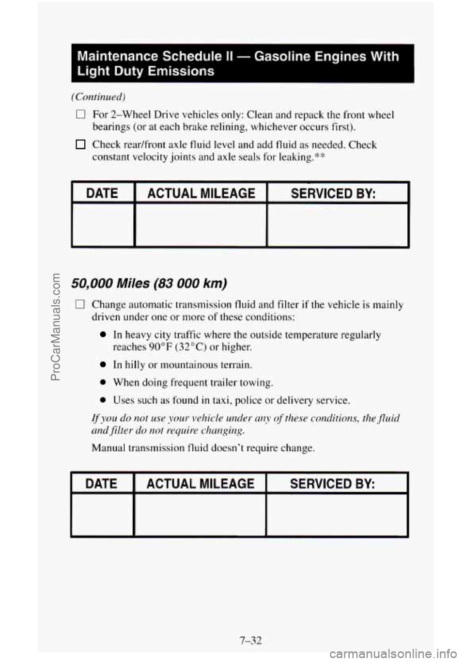 CHEVROLET SUBURBAN 1995 Owners Manual Maintenance Schedule II - Gasoline Engines With
Light Duty Emissions
(Continued)
0 For 2-Wheel Drive vehicles only: Clean and repack the front wheel
bearings (or at each brake relining, CHEVROLET SUBURBAN 1995 Owners Manual Maintenance Schedule II - Gasoline Engines With
Light Duty Emissions
(Continued)
0 For 2-Wheel Drive vehicles only: Clean and repack the front wheel
bearings (or at each brake relining,