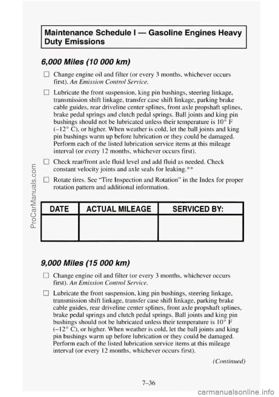 CHEVROLET SUBURBAN 1995 Owners Manual Maintenance Schedule I - Gasoline Engines Heavy
Duty Emissions
6,000 Miles (10 000 km)
0 Change engine oil and filter (or every 3 months, whichever occurs
first).
An Emission Corztrol Se CHEVROLET SUBURBAN 1995 Owners Manual Maintenance Schedule I - Gasoline Engines Heavy
Duty Emissions
6,000 Miles (10 000 km)
0 Change engine oil and filter (or every 3 months, whichever occurs
first).
An Emission Corztrol Se