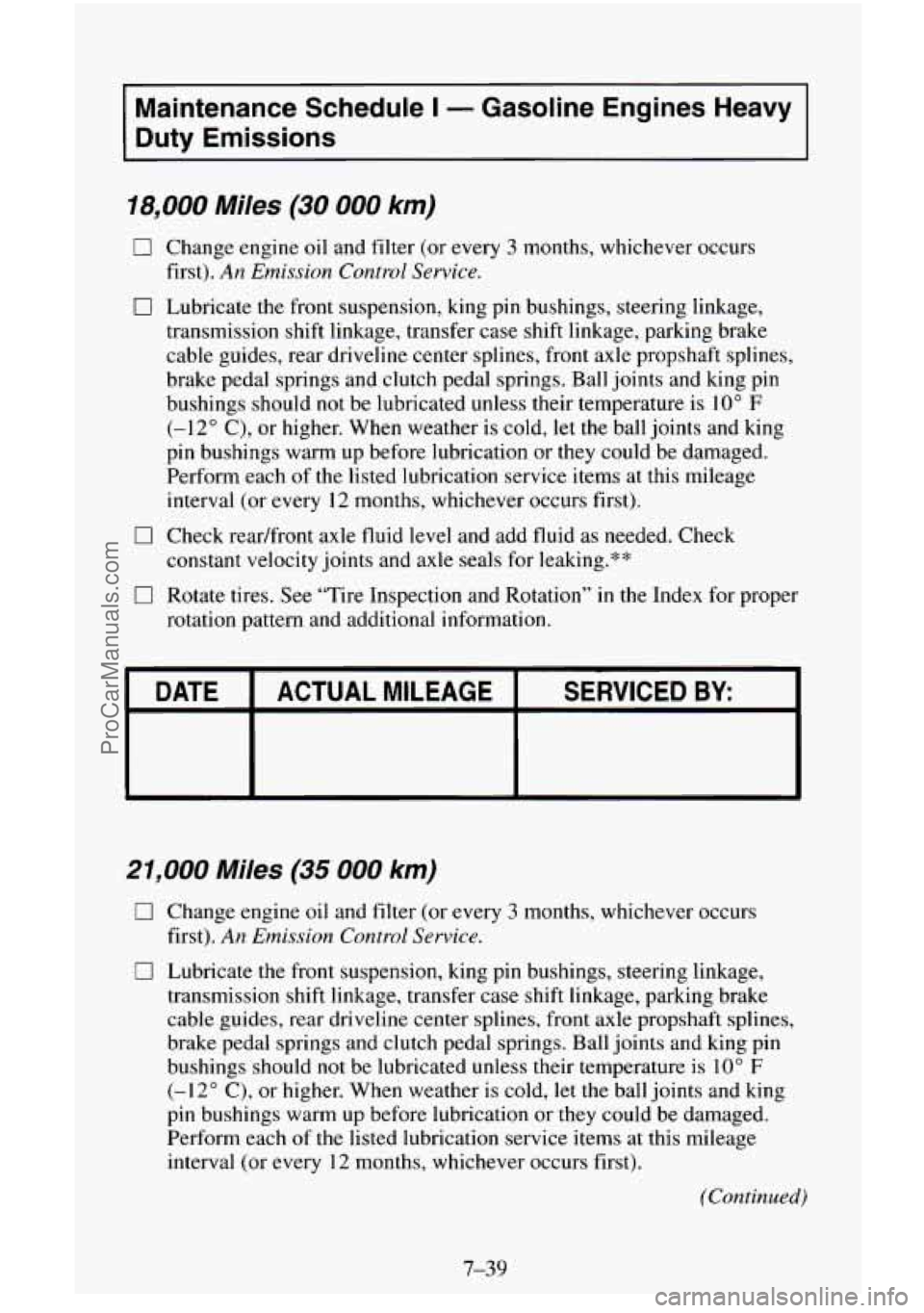 CHEVROLET SUBURBAN 1995  Owners Manual Maintenance Schedule I - Gasoline  Engines  Heavy 
Duty Emissions 
18,000 Miles (30 000 km) 
0 Change  engine  oil  and filter (or every 3 months, whichever  occurs 
first). 
An Emission  Control  Ser