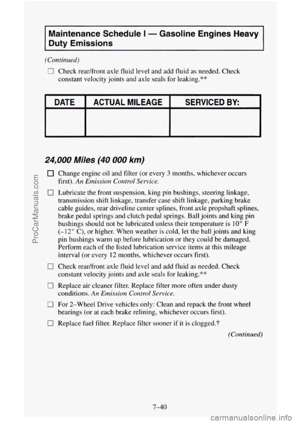 CHEVROLET SUBURBAN 1995  Owners Manual Maintenance Schedule I - Gasoline  Engines Heavy 
Duty Emissions ~_____~ 
(Continued) 
0 Check readfront  axle fluid level  and add fluid as needed. Check 
constant  velocity joints and axle  seals fo