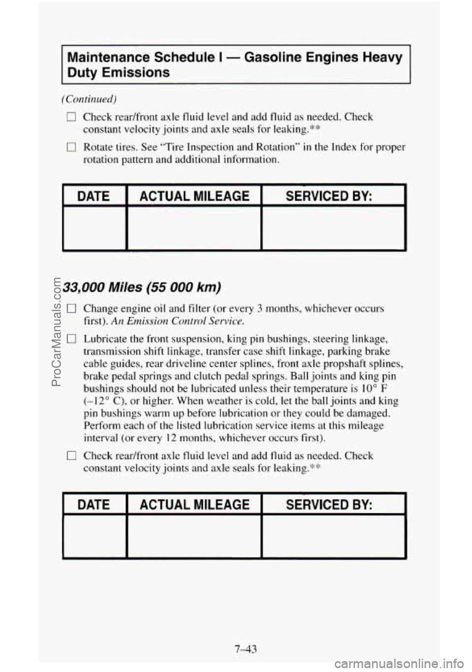 CHEVROLET SUBURBAN 1995 Service Manual Maintenance  Schedule I - Gasoline  Engines  Heavy 
Duty Emissions 
(Continued) 
0 Check readfront  axle  fluid  level and add fluid as needed. Check 
constant  velocity joints and axle  seals  for  l