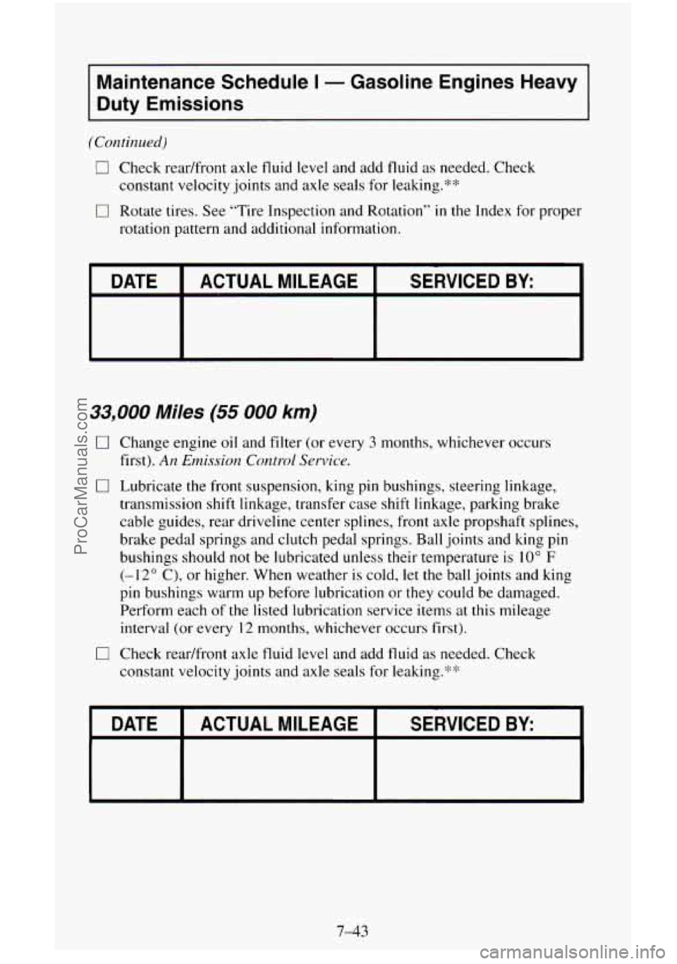 CHEVROLET SUBURBAN 1995  Owners Manual Maintenance  Schedule I - Gasoline  Engines  Heavy 
Duty Emissions 
(Continued) 
0 Check readfront  axle  fluid  level and add fluid as needed. Check 
constant  velocity joints and axle  seals  for  l