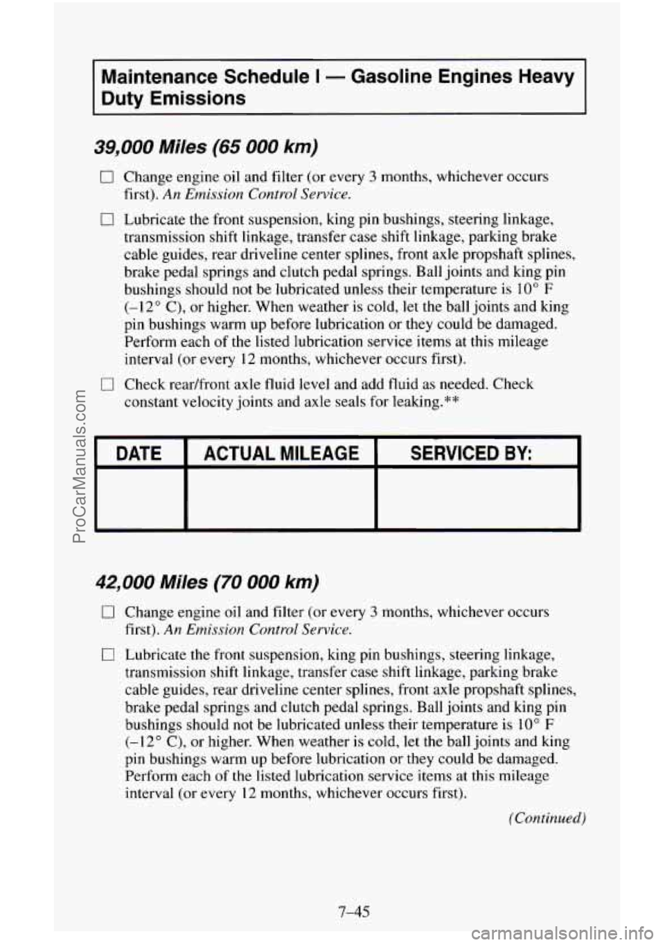 CHEVROLET SUBURBAN 1995 Service Manual Maintenance  Schedule I - Gasoline  Engines  Heavy 
Duty  Emissions 
39,000 Miles (65 000 km) 
0 Change  engine  oil and  filter  (or every 3 months, whichever occurs 
0 Lubricate  the  front suspensi