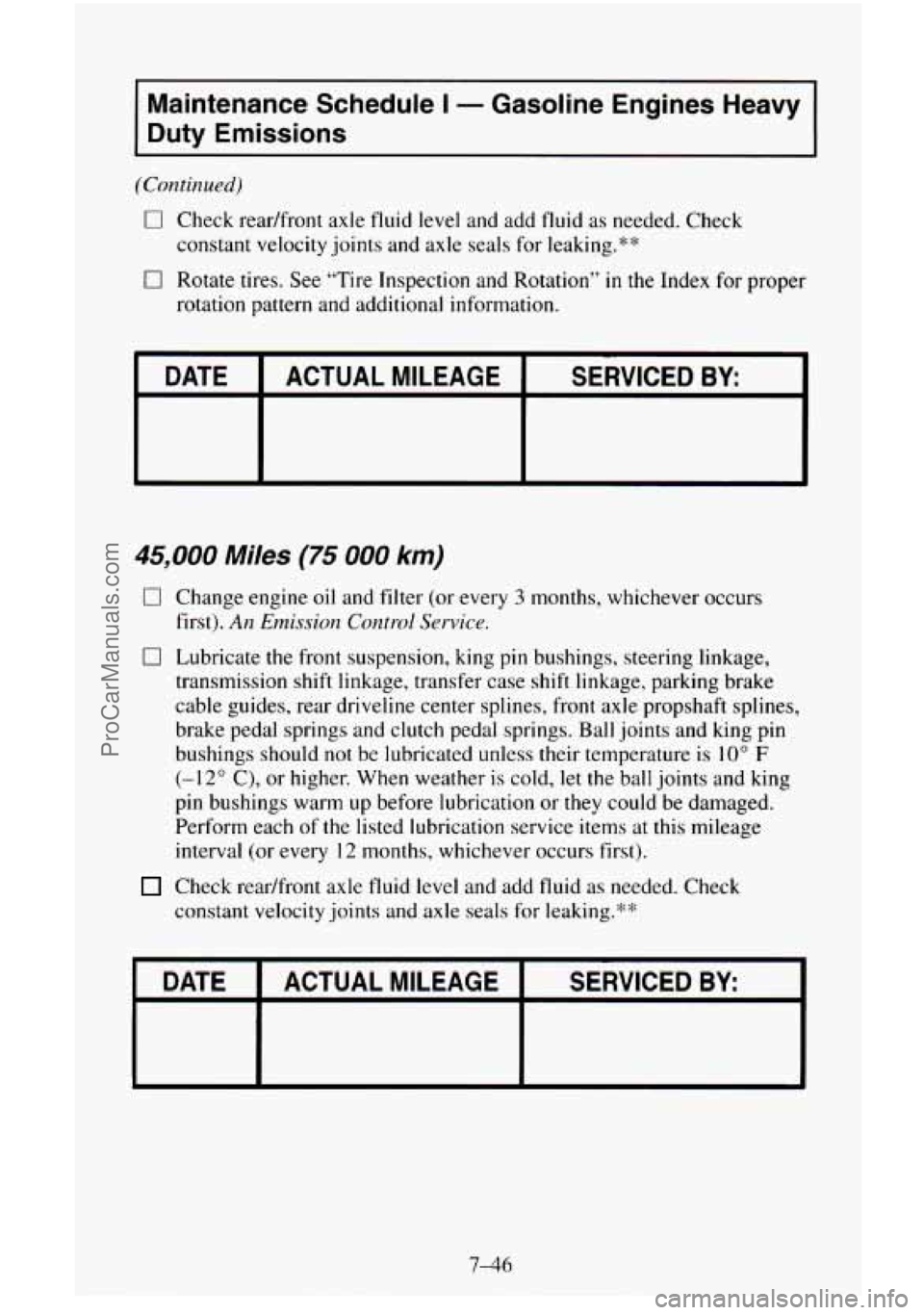 CHEVROLET SUBURBAN 1995 Service Manual Maintenance  Schedule I - Gasoline  Engines  Heavy 
Duty  Emissions 
(Continued) 
0 Check  readfront  axle fluid  level and add fluid as needed. Check 
constant  velocity joints and axle  seals  for  