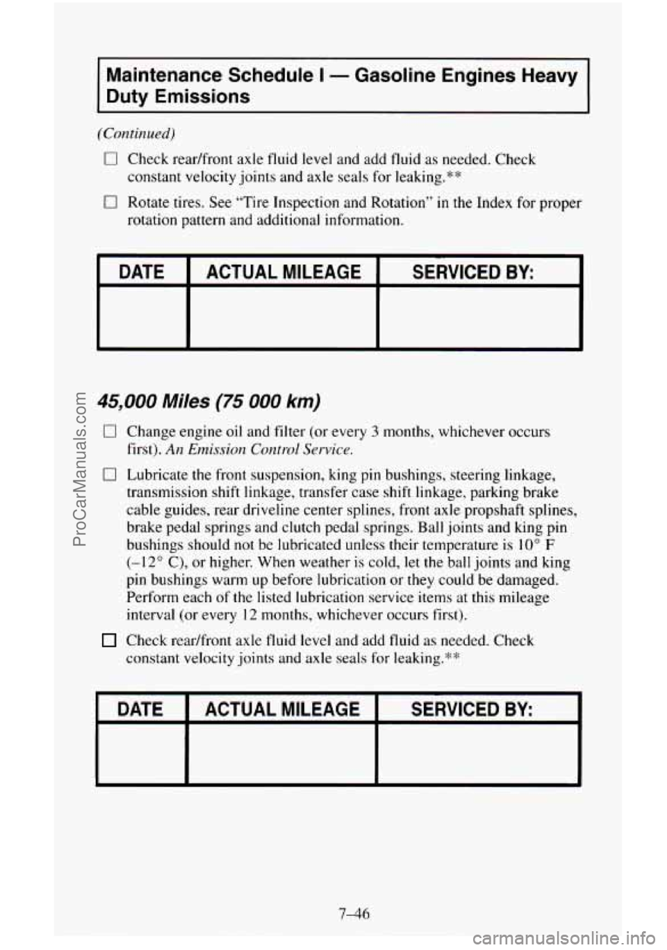 CHEVROLET SUBURBAN 1995  Owners Manual Maintenance  Schedule I - Gasoline  Engines  Heavy 
Duty  Emissions 
(Continued) 
0 Check  readfront  axle fluid  level and add fluid as needed. Check 
constant  velocity joints and axle  seals  for  