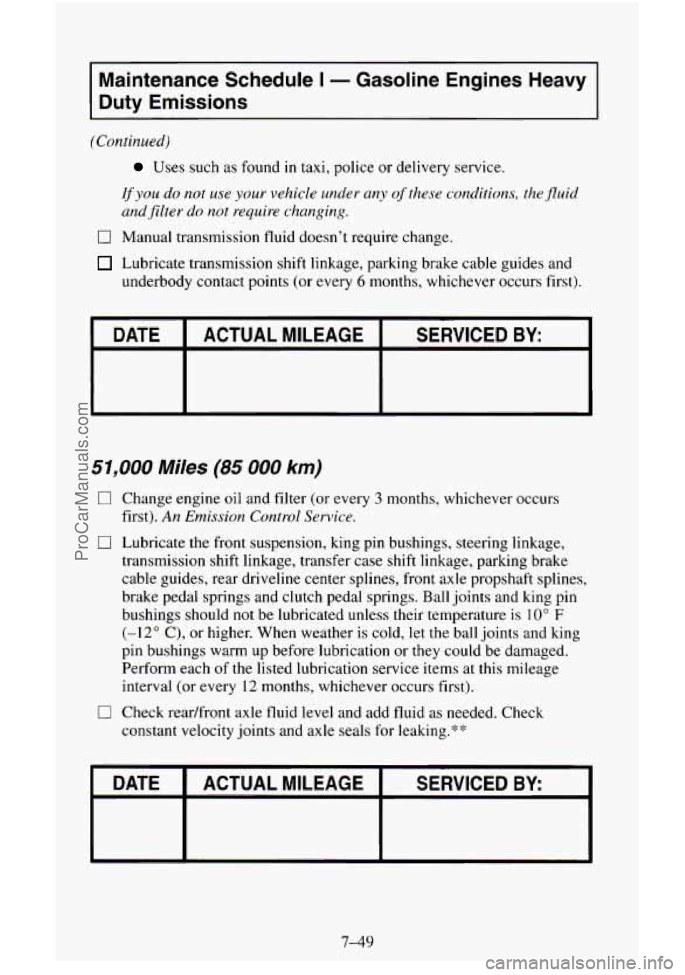 CHEVROLET SUBURBAN 1995 Owners Manual Maintenance Schedule I - Gasoline Engines Heavy
Duty Emissions
(Continued)
Uses such as found in taxi, police or delivery service.
If you do not use your vehicle under any of these condi CHEVROLET SUBURBAN 1995 Owners Manual Maintenance Schedule I - Gasoline Engines Heavy
Duty Emissions
(Continued)
Uses such as found in taxi, police or delivery service.
If you do not use your vehicle under any of these condi