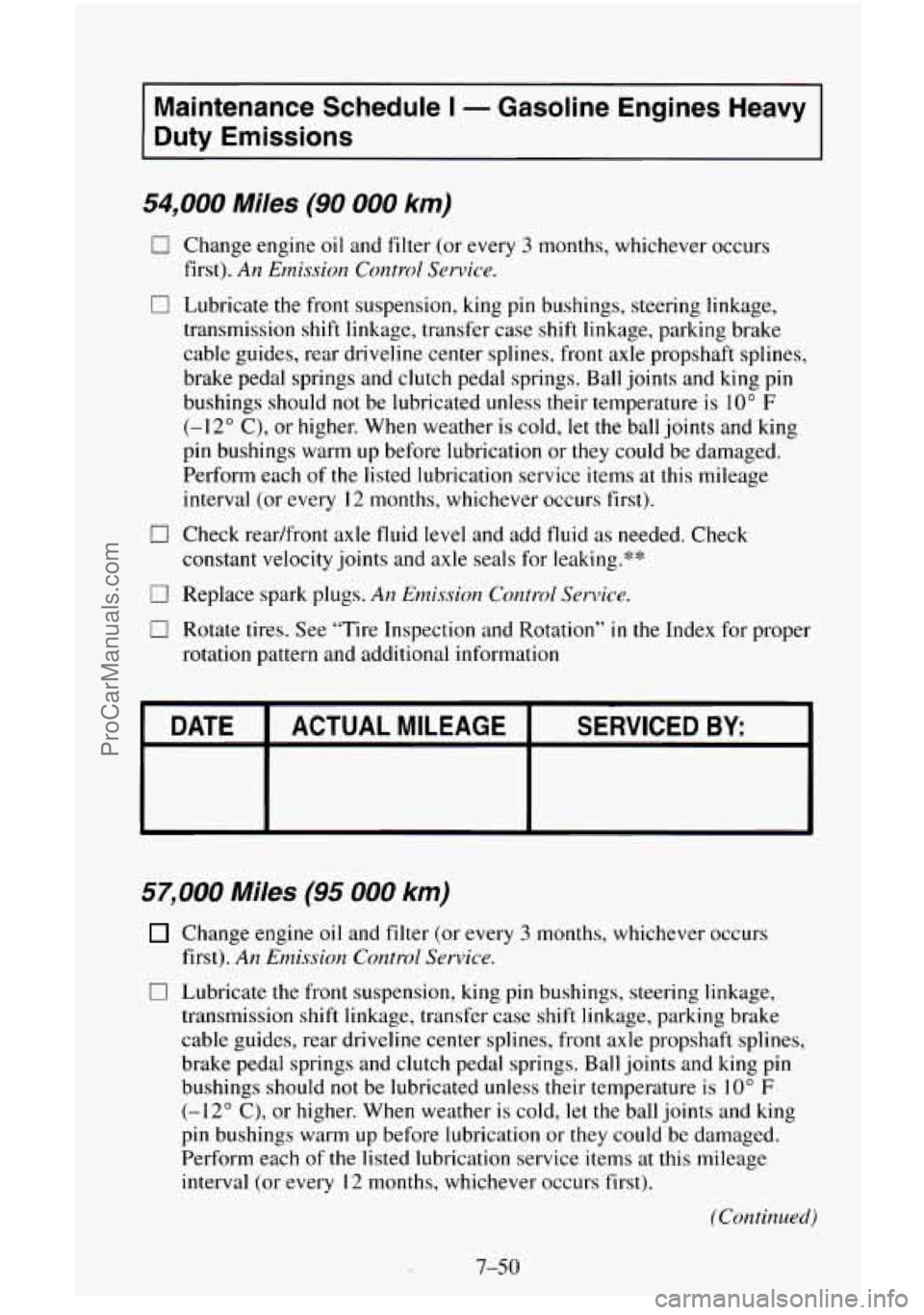 CHEVROLET SUBURBAN 1995 Owners Manual Maintenance Schedule I - Gasoline Engines Heavy
Duty Emissions
54,000 Miles (90 000 km)
0 Change engine oil and filter (or every 3 months, whichever occurs
first).
An Emission Control Servi CHEVROLET SUBURBAN 1995 Owners Manual Maintenance Schedule I - Gasoline Engines Heavy
Duty Emissions
54,000 Miles (90 000 km)
0 Change engine oil and filter (or every 3 months, whichever occurs
first).
An Emission Control Servi