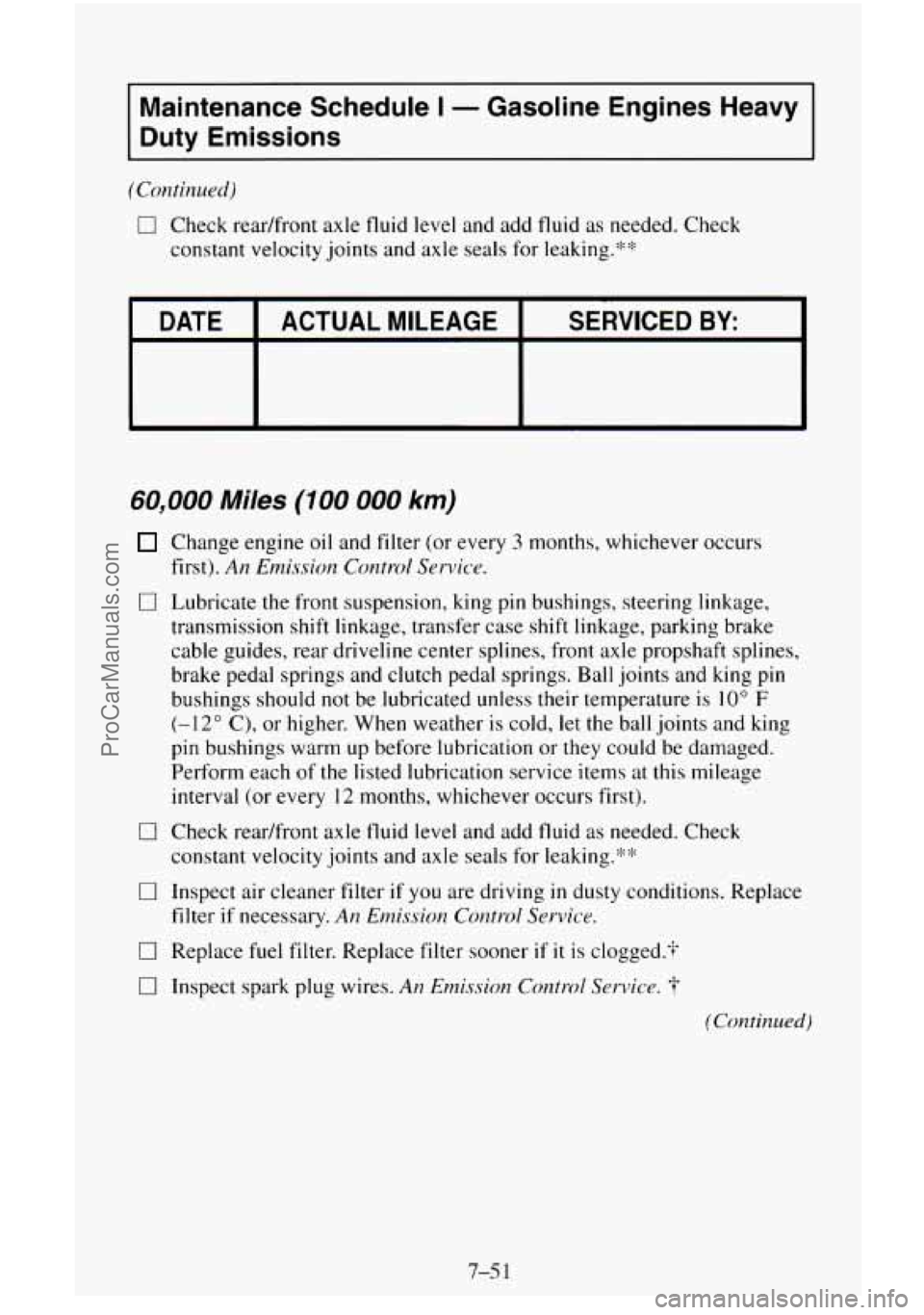 CHEVROLET SUBURBAN 1995 Owners Manual Maintenance Schedule I - Gasoline Engines Heavy
Duty Emissions
(Continued)
0 Check readfront axle fluid level and add fluid as needed. Check
constant velocity joints and axle seals for l CHEVROLET SUBURBAN 1995 Owners Manual Maintenance Schedule I - Gasoline Engines Heavy
Duty Emissions
(Continued)
0 Check readfront axle fluid level and add fluid as needed. Check
constant velocity joints and axle seals for l