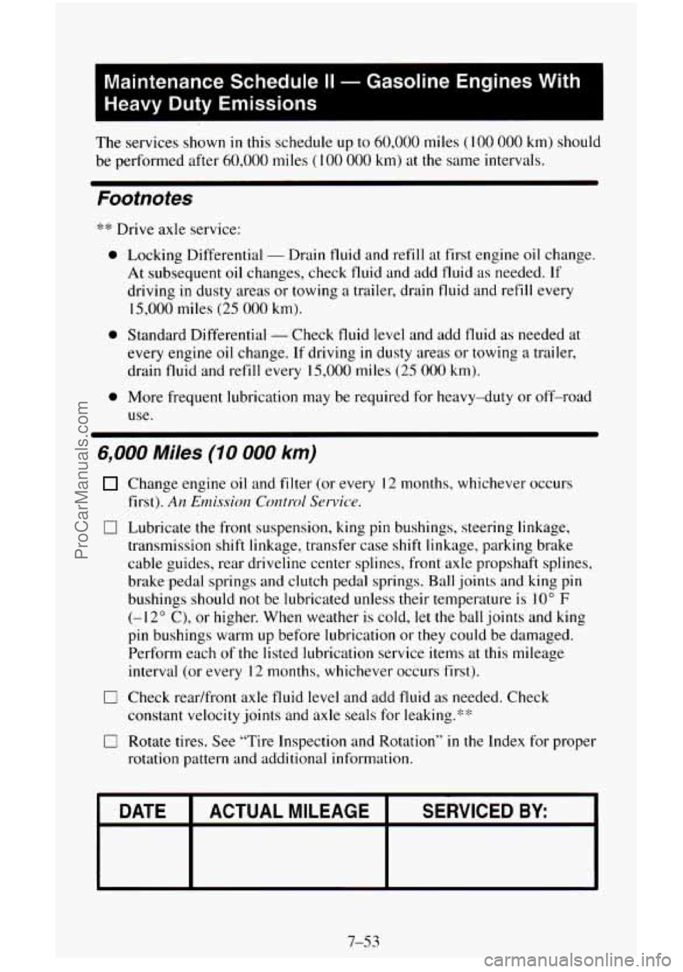 CHEVROLET SUBURBAN 1995 Service Manual I 
Maintenance Schedule II - Gasoline  Engines With 
Heavy Duty Emissions I 
The  services shown in this schedule  up to 60,000 miles (100 000 km) should 
be  performed  after 
60,000 miles ( 100 000 