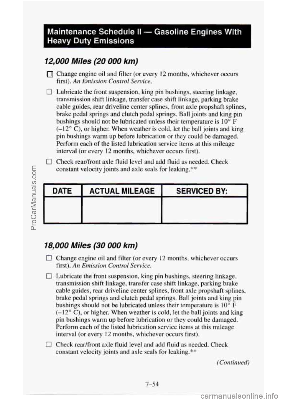 CHEVROLET SUBURBAN 1995 Service Manual I 
Maintenance  Schedule II - Gasoline  Engines  With 
Heavy 
Duty Emissions 
12,000  Miles (20 000 km) 
Change  engine oil and filter  (or every  12 months, whichever  occurs 
first). 
An  Emission  