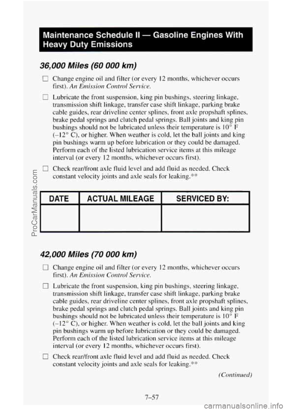 CHEVROLET SUBURBAN 1995 Owners Manual I
Maintenance Schedule II - Gasoline Engines With
Heavy Duty Emissions
I
36,000 Miles (60 000 km)
0 Change engine oil and filter (or every 12 months, whichever occurs
first).
An Emis CHEVROLET SUBURBAN 1995 Owners Manual I
Maintenance Schedule II - Gasoline Engines With
Heavy Duty Emissions
I
36,000 Miles (60 000 km)
0 Change engine oil and filter (or every 12 months, whichever occurs
first).
An Emis