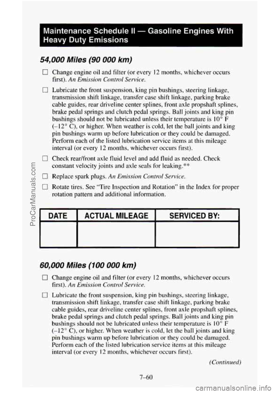 CHEVROLET SUBURBAN 1995  Owners Manual Maintenance  Schedule II - Gasoline  Engines  With 
Heavy Duty  Emissions 
54,000 Miles (90 000 km) 
0 
0 
0 
0 
0 
Change  engine oil and filter  (or every  12 months, whichever  occurs 
first). 
An 