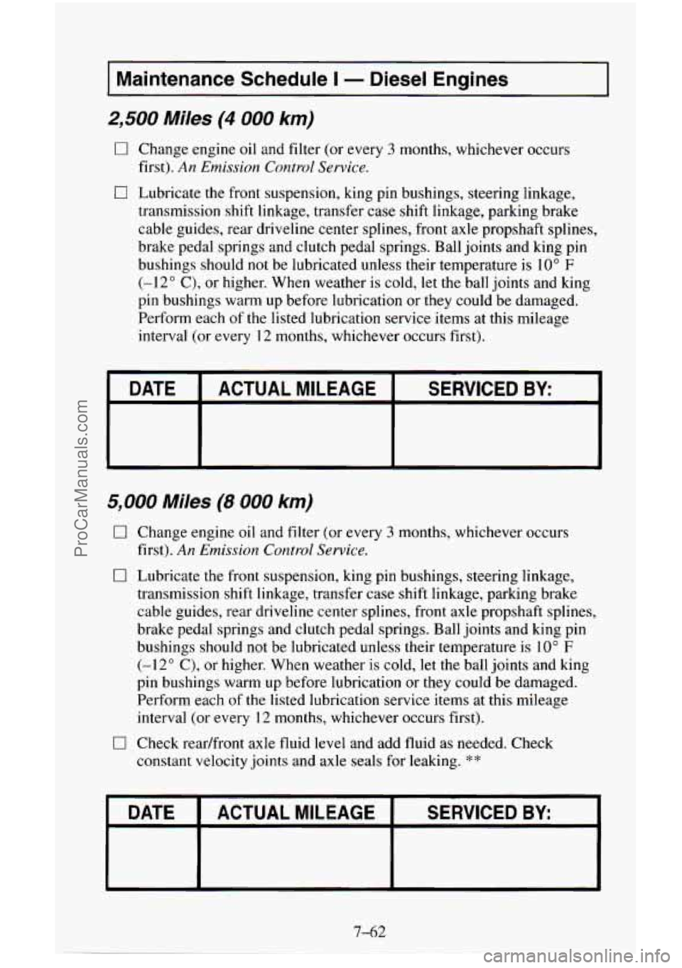 CHEVROLET SUBURBAN 1995  Owners Manual I Maintenance  Schedule I - Diesel  Engines I 
2,500 Miles (4 000 km) 
0 Change engine oil and filter  (or every 3 months, whichever  occurs 
first). 
An Emission Control Service. 
0 Lubricate  the fr