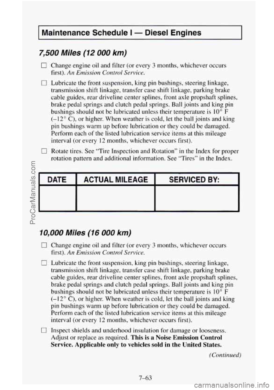 CHEVROLET SUBURBAN 1995  Owners Manual I Maintenance Schedule I - Diesel  Engines I 
7,500 Miles (12 000 km) 
0 Change  engine oil and filter  (or every 3 months, whichever  occurs 
0 Lubricate  the  front  suspension,  king pin bushings, 