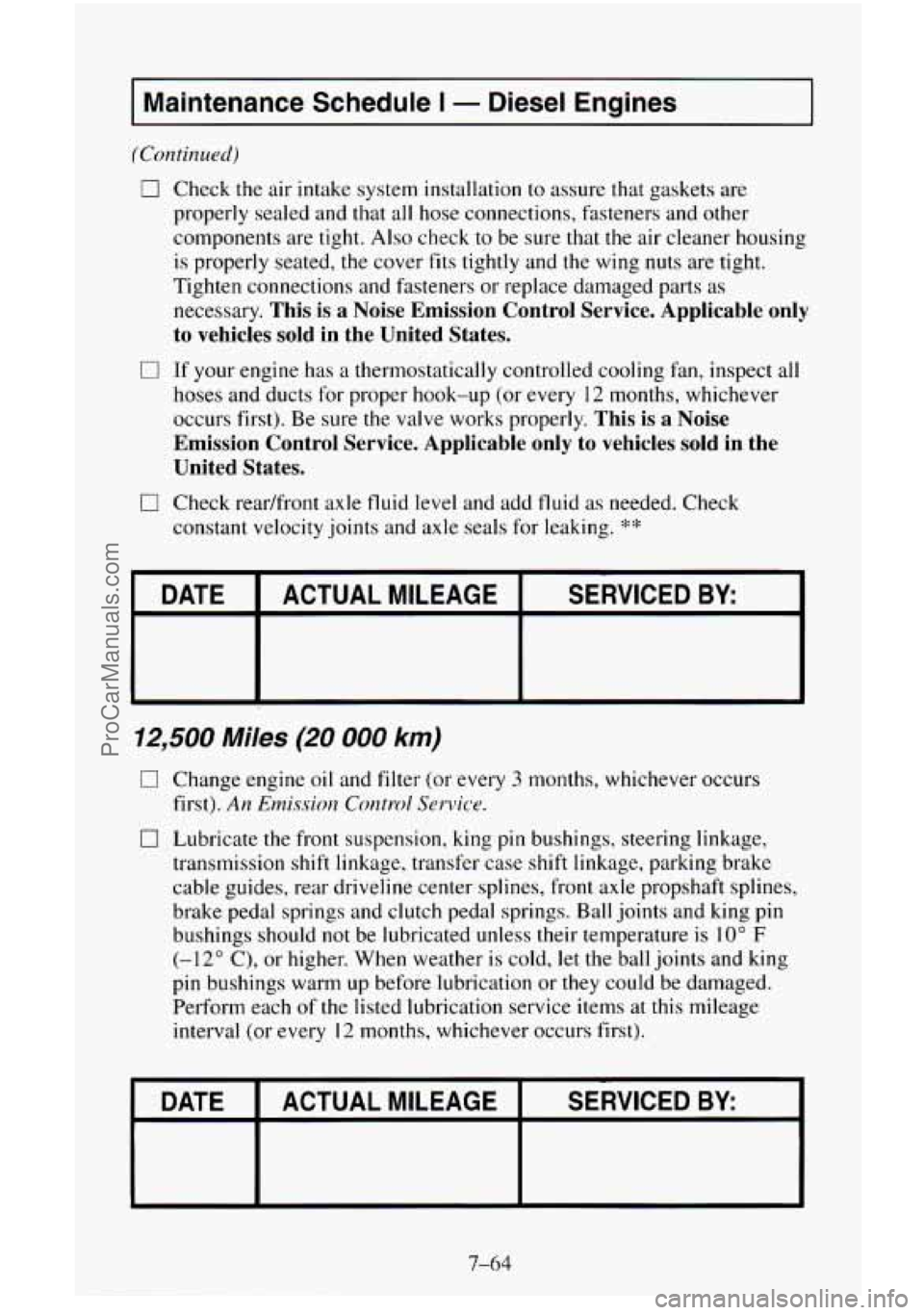 CHEVROLET SUBURBAN 1995  Owners Manual I Maintenance  Schedule I - Diesel  Engines I 
(Continued) 
0 
0 
0 
Check the air intake system installation to assure that gaskets  are 
properly  sealed and that  all hose  connections,  fasteners 