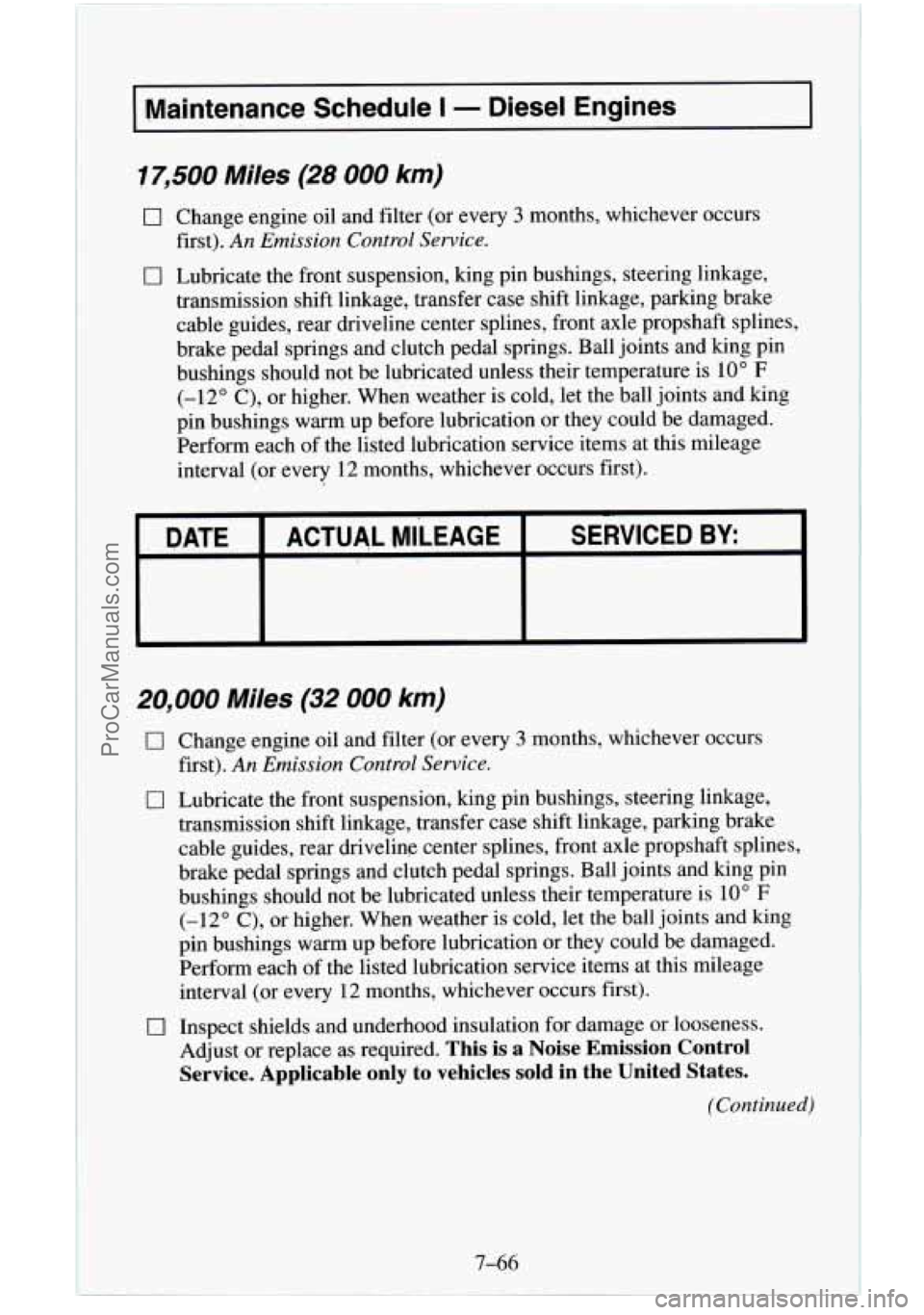 CHEVROLET SUBURBAN 1995  Owners Manual I Maintenance  Schedule I - Diesel  Engines I 
17,500 Miles (28 000 km) 
0 Change engine oil and filter (or every 3 months, whichever occurs 
0 Lubricate the front suspension, king pin bushings, steer