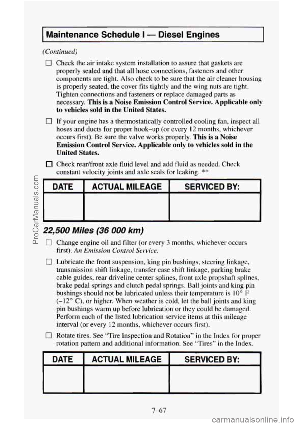CHEVROLET SUBURBAN 1995  Owners Manual I Maintenance Schedule I - Diesel  Engines I 
(Continued) 
0 
Check  the  air  intake system installation to assure that gaskets  are 
properly  sealed and that  all hose  connections,  fasteners  and