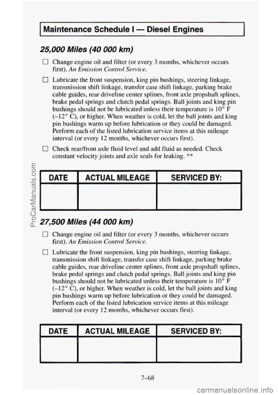 CHEVROLET SUBURBAN 1995  Owners Manual I 
I Maintenance  Schedule I - Diesel  Engines ~~ 
25,000 Miles (40 000 km) 
0 
0 
0 
Change engine oil and filter  (or every 3 months, whichever  occurs 
first). 
An Emission Control Service. 
Lubric