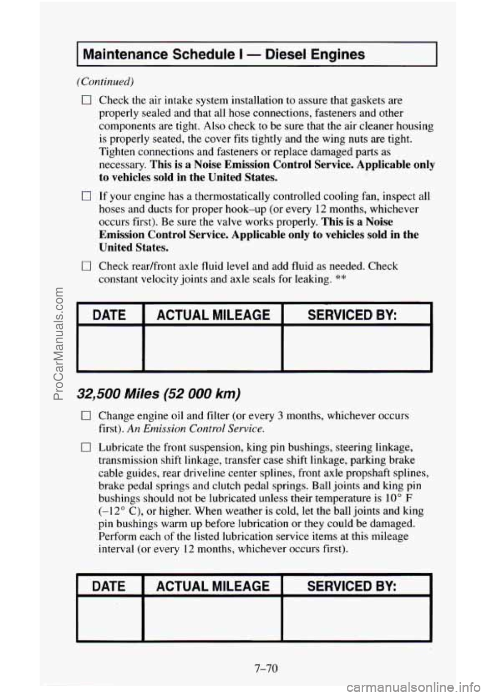 CHEVROLET SUBURBAN 1995  Owners Manual I Maintenance  Schedule I - Diesel  Engines I 
(Continued) 
0 Check the air intake system installation  to  assure that gaskets  are 
properly sealed and that all hose  connections,  fasteners and oth