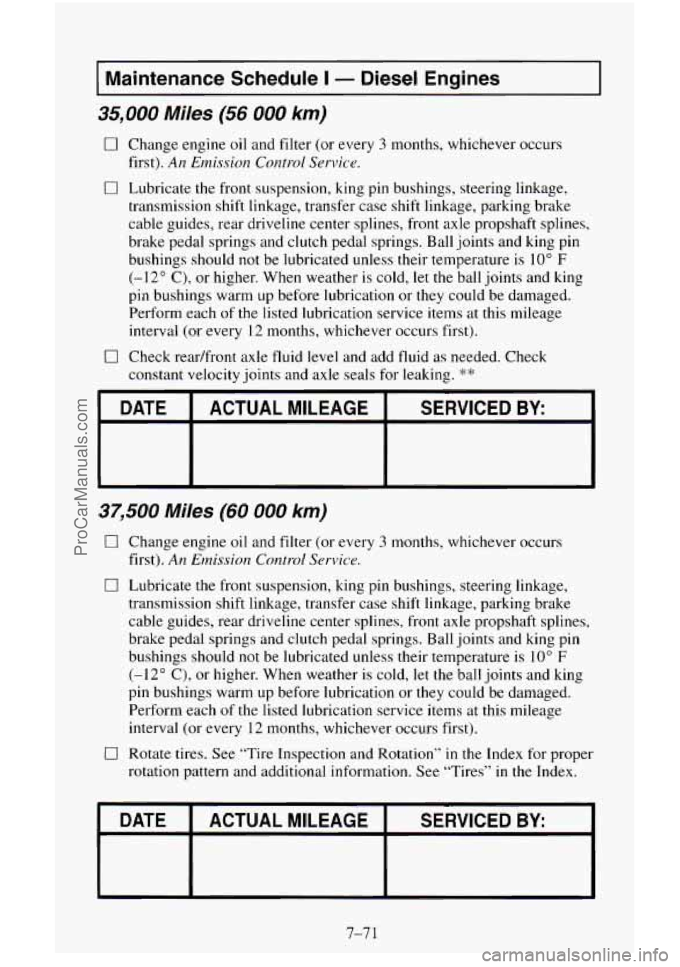 CHEVROLET SUBURBAN 1995  Owners Manual I Maintenance  Schedule I - Diesel  Engines I 
35,000 Miles (56 000 km) 
0 Change  engine oil and filter  (or  every 3 months, whichever  occurs 
first). 
An  Emission  Control Service. 
c Lubricate  