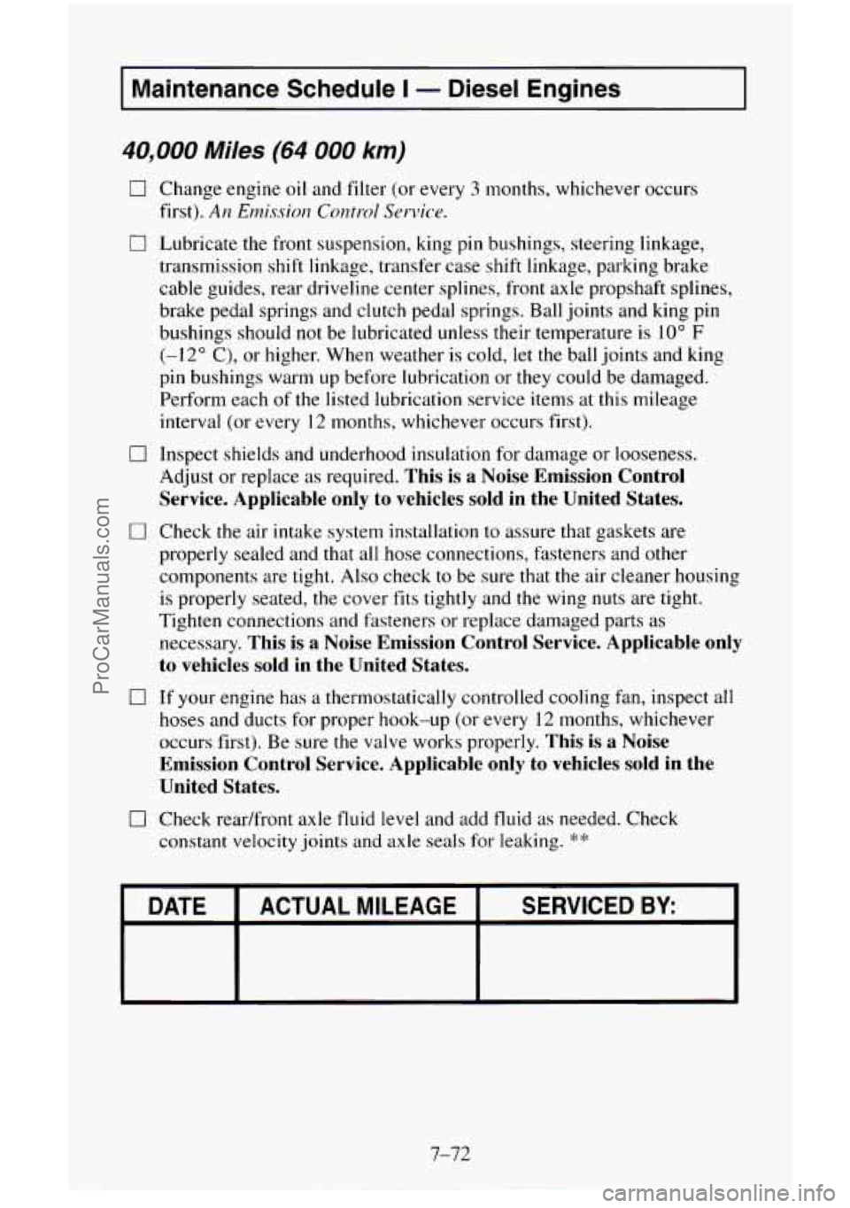 CHEVROLET SUBURBAN 1995  Owners Manual I Maintenance  Schedule I - Diesel  Engines I 
40,000 Miles (64 000 km) 
0 Change engine oil and filter (or every 3 months, whichever  occurs 
first). 
An Emission  Control  Service. 
0 Lubricate  the