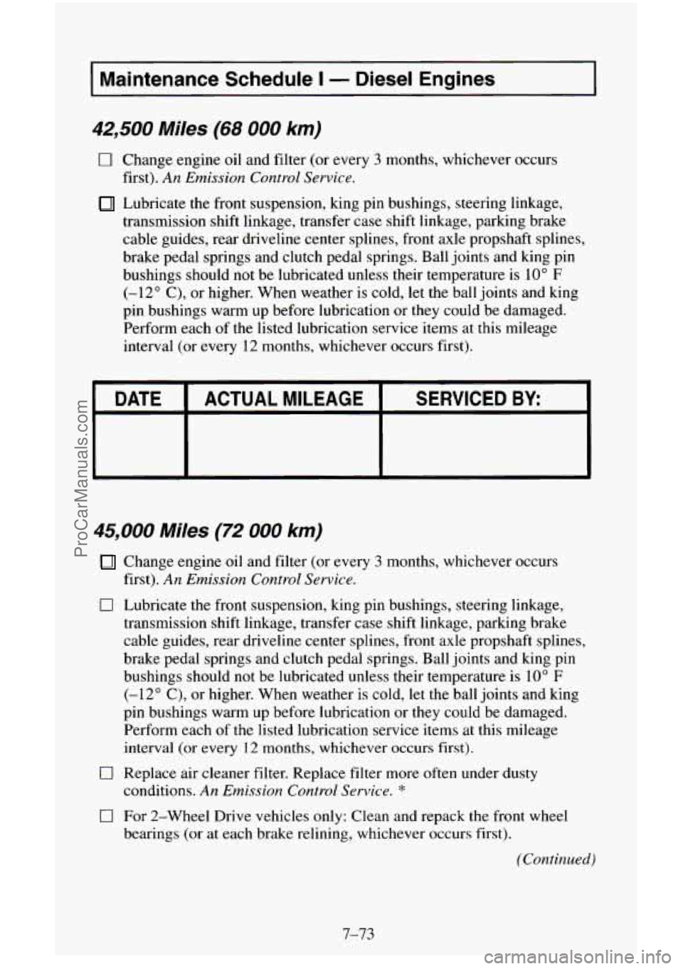 CHEVROLET SUBURBAN 1995  Owners Manual I Maintenance Schedule I - Diesel Engines I 
$2,500 Miles (68 000 km) 
0 Change  engine  oil  and filter  (or  every 3 months, whichever  occurs 
Lubricate  the  front  suspension,  king pin bushings,