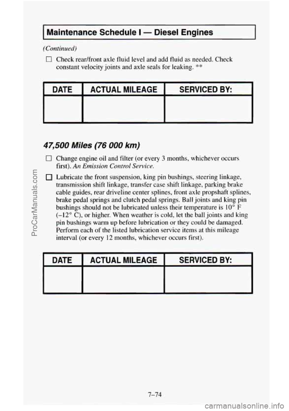 CHEVROLET SUBURBAN 1995  Owners Manual I Maintenance  Schedule I - Diesel  Engines I 
(Continued) 
0 Check readfront  axle  fluid  level and add fluid as needed. Check 
constant velocity  joints and axle  seals  for  leaking. 
** 
47,500 M