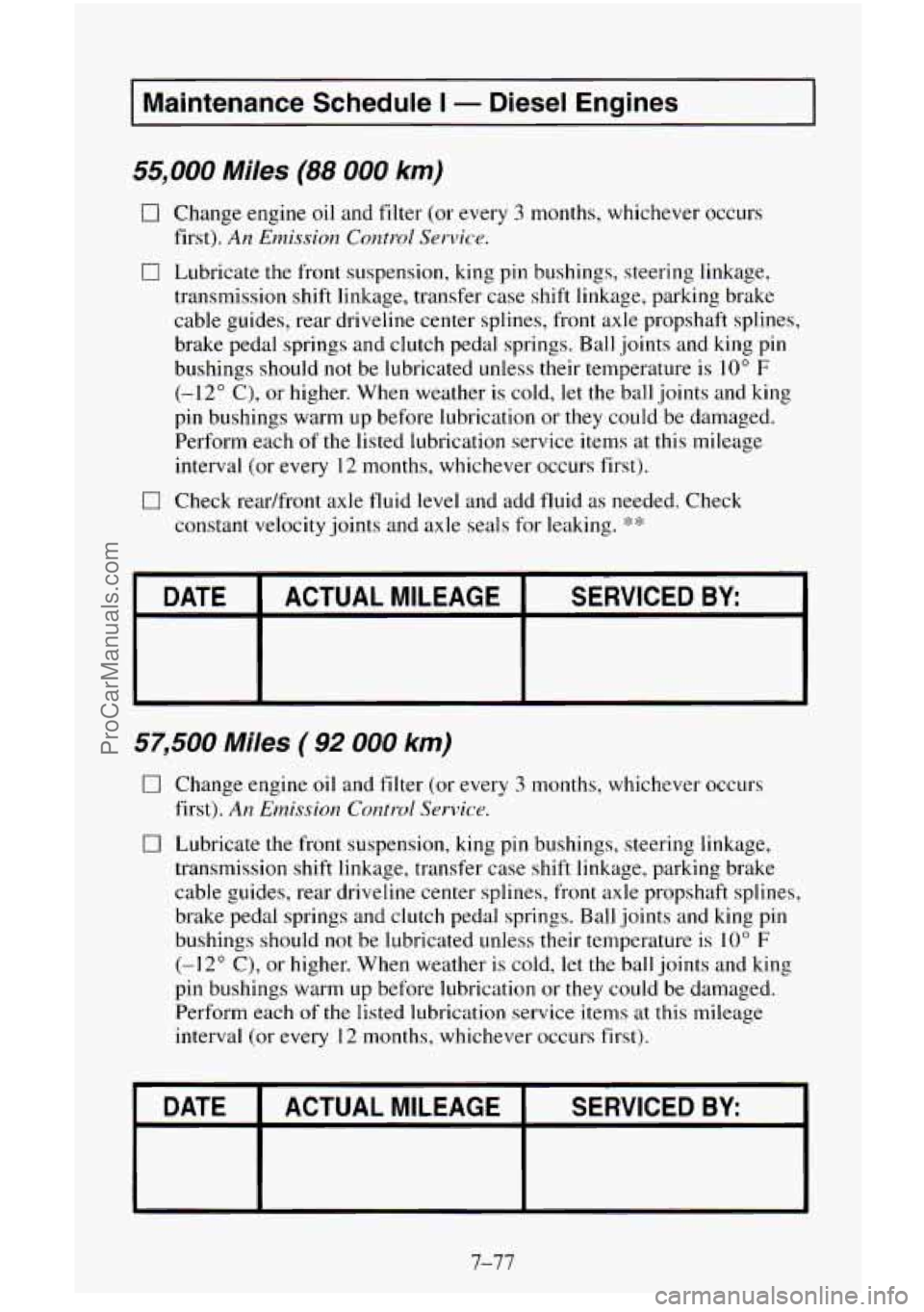 CHEVROLET SUBURBAN 1995  Owners Manual I Maintenance Schedule I - Diesel  Engines 
55,000 Miles (88 000 km) 
0 Change engine oil and  filter  (or  every 3 months, whichever  occurs 
0 Lubricate the front  suspension, king pin bushings,  st