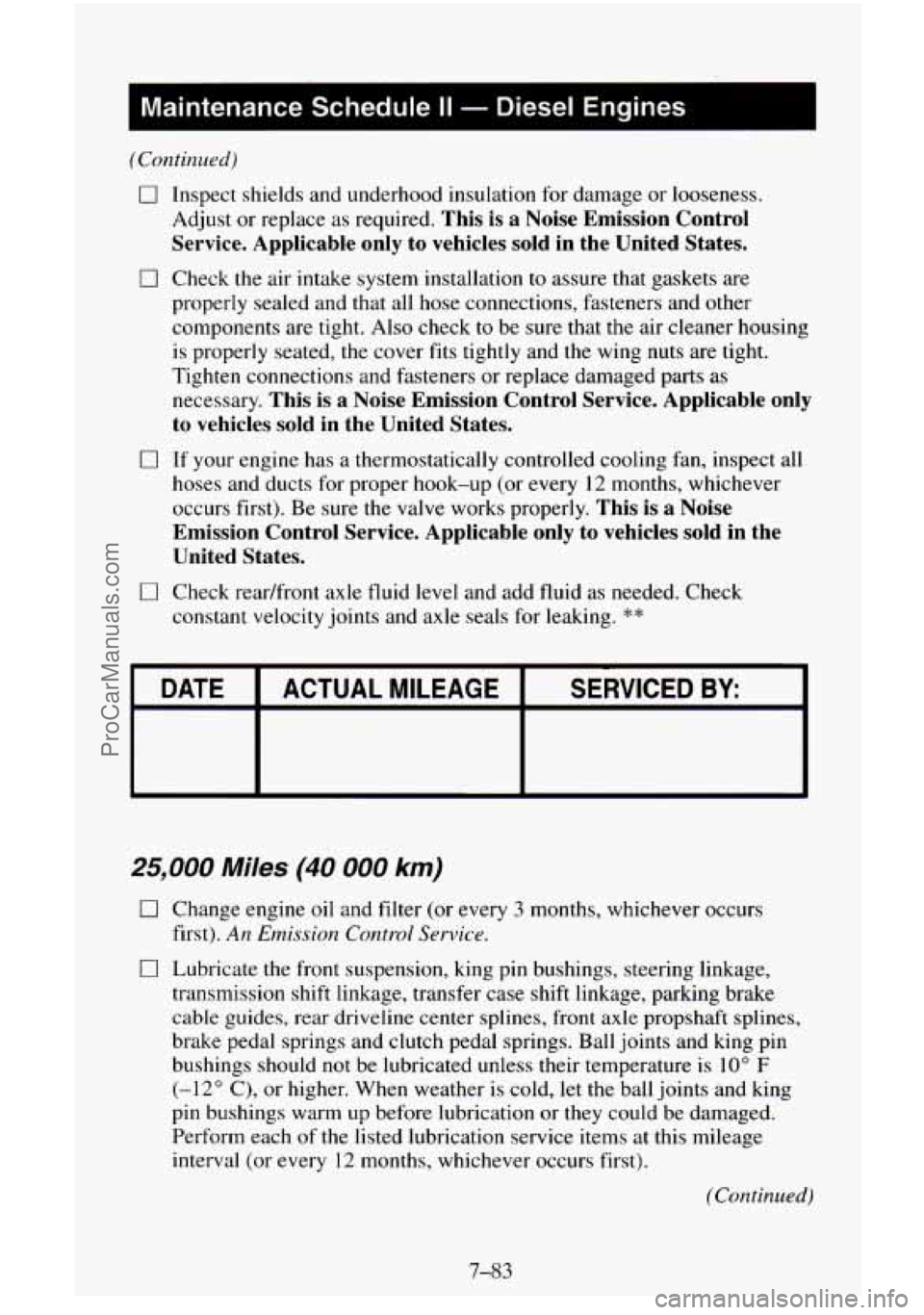 CHEVROLET SUBURBAN 1995  Owners Manual I Maintenance Schedule II - Diesel Engines I 
0 0 
0 Inspect  shields and underhood insulation  for damage or looseness. 
Adjust  or  replace  as  required. 
This is a Noise  Emission  Control 
Servic