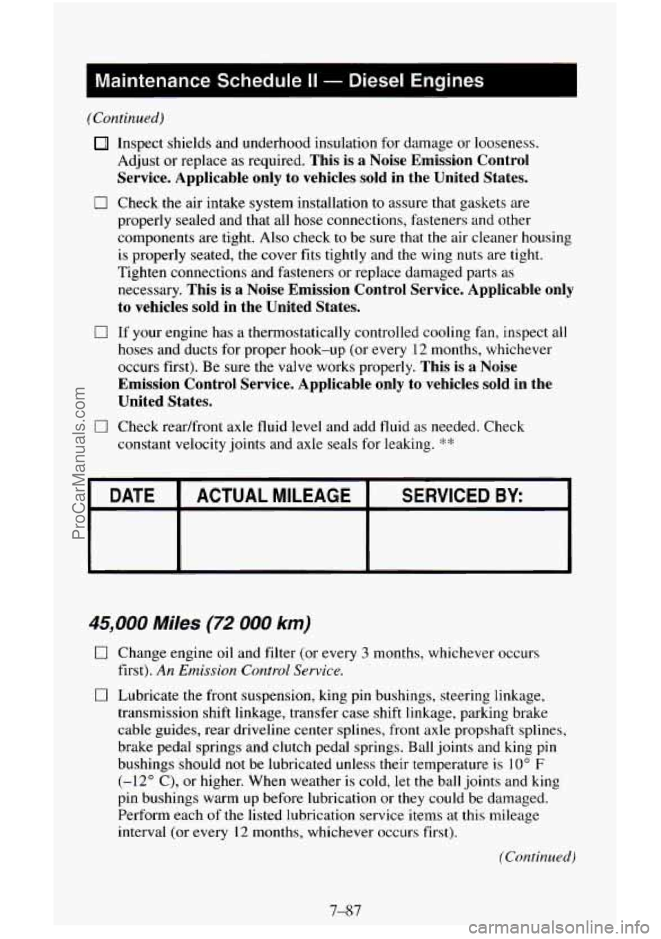 CHEVROLET SUBURBAN 1995  Owners Manual I Maintenance  Schedule II - Diesel  Engines 
(Continued) 
0 
0 
0 
Inspect  shields and underhood  insulation  for damage or  looseness. 
Adjust  or  replace  as  required. 
This is a  Noise  Emissio