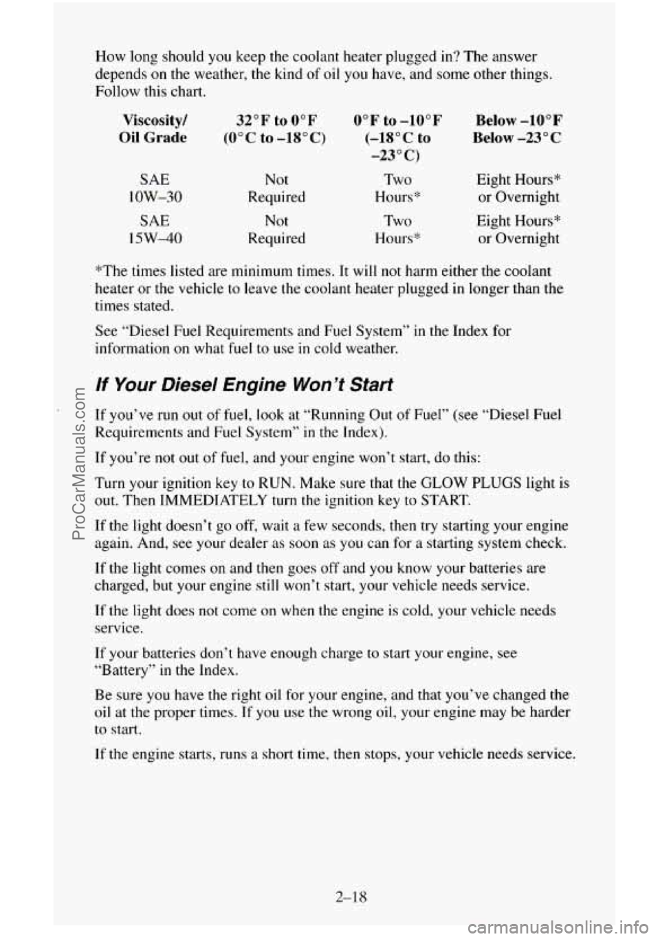 CHEVROLET SUBURBAN 1995  Owners Manual How long should  you keep the coolant  heater plugged  in?  The answer 
depends 
on the weather, the kind  of oil you have, and some  other things. 
Follow this  chart. 
Viscosity/ 
Oil  Grade 
SAE 
l